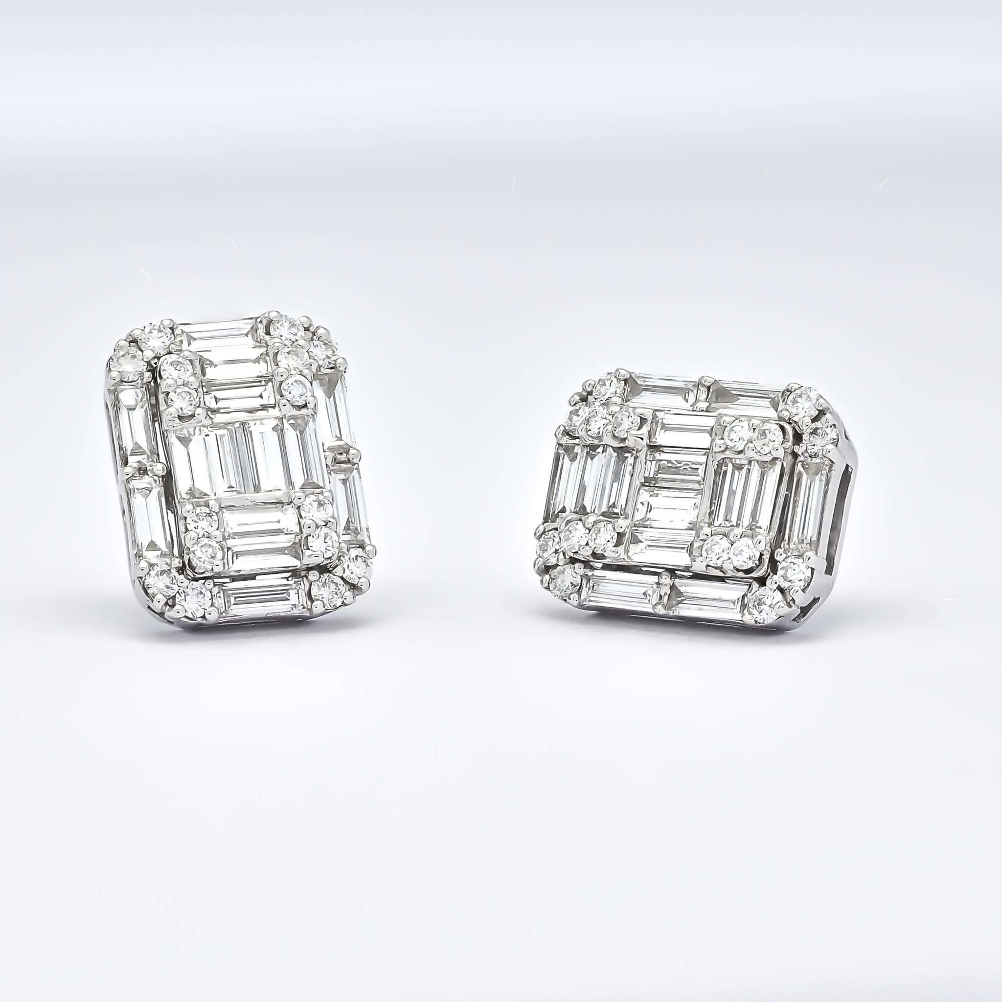 The delicate cluster of round and baguette diamonds draws the eye in, while the halo of baguette diamonds adds a radiant frame, enhancing the overall brilliance of the earrings.

Prepare to indulge in pure luxury with these breathtaking diamond
