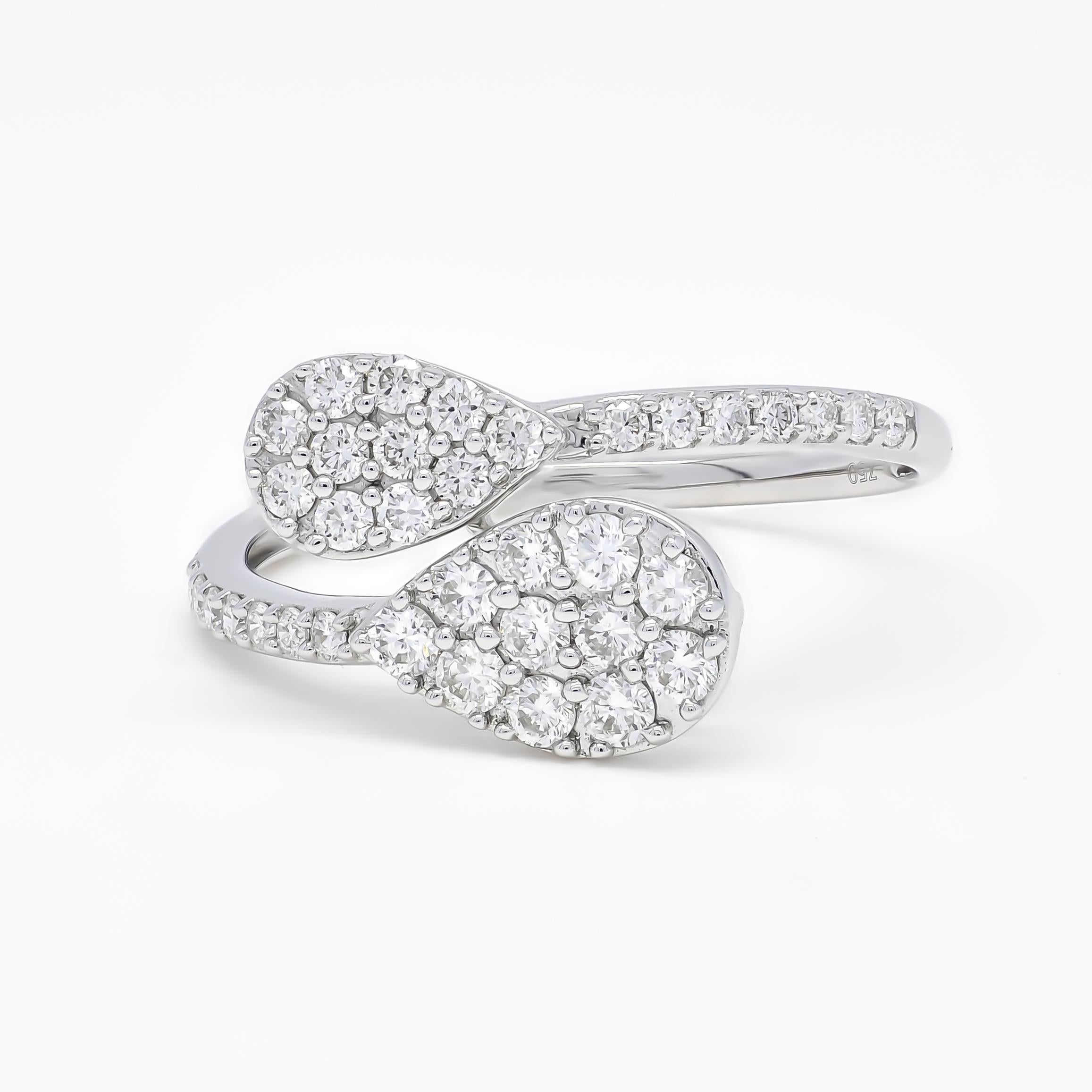 Dazzling round-cut diamonds form a spectacular cluster in this stunning white gold duo cluster ring in Bypass Spilt Shank.  The Cluster are  Pear/ Drop Shape, giving an illusion of solitaire Diamonds.

Make a statement with a stunning Duo Drop Shape