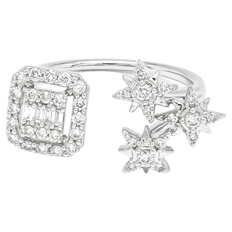 18KT White Gold Diamonds Open Ring Star Burst Halo Statement Ring