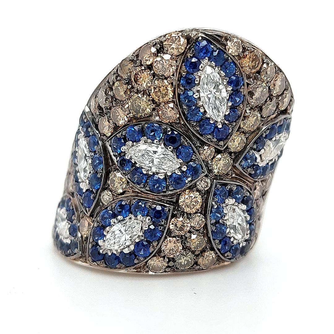 18 Karat White Gold Dome Ring with Sapphire and 3.85 Carat White, Brown Diamonds For Sale 3