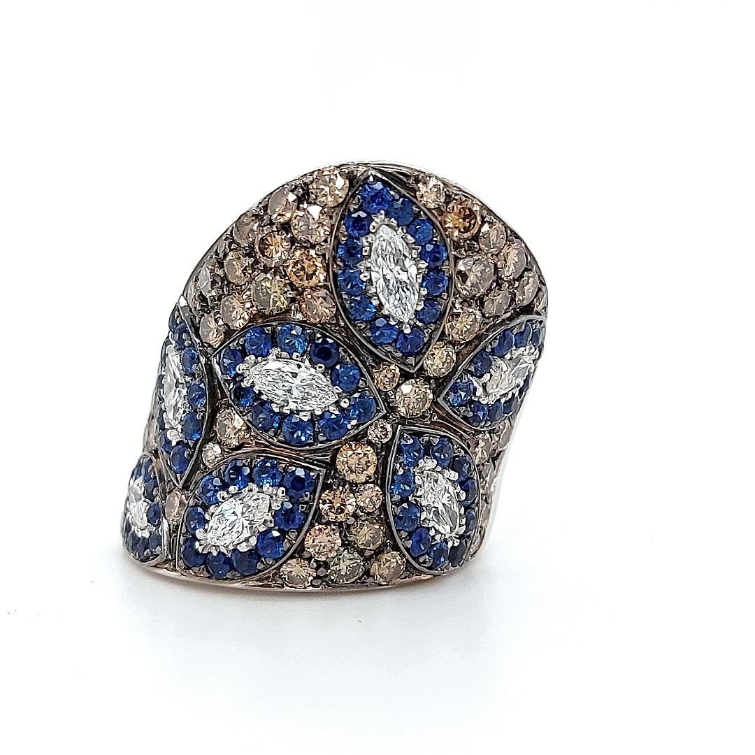 18 Karat White Gold Dome Ring with Sapphire and 3.85 Carat White, Brown Diamonds For Sale 4