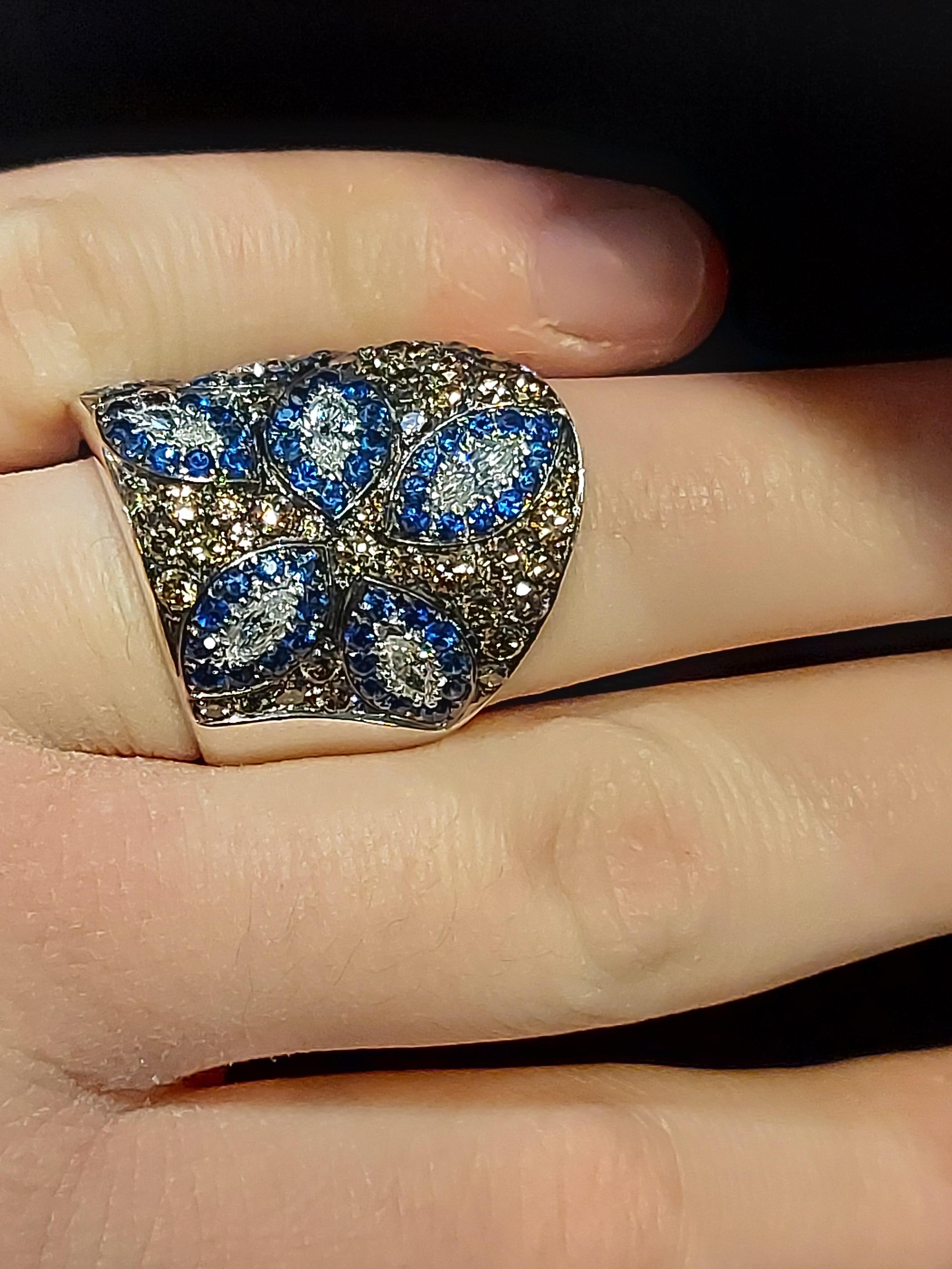 18 Karat White Gold Dome Ring with Sapphire and 3.85 Carat White, Brown Diamonds For Sale 5