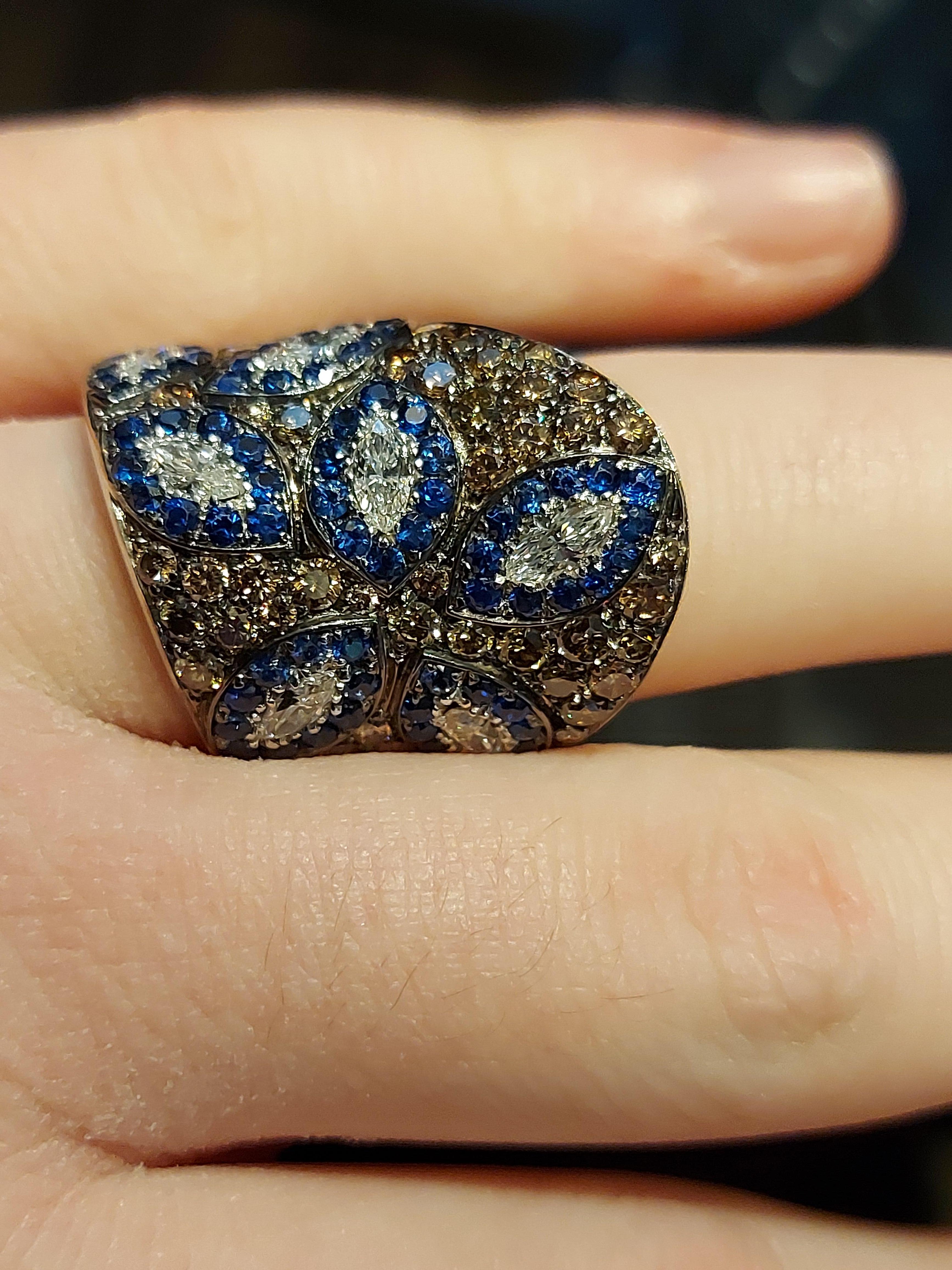 18 Karat White Gold Dome Ring with Sapphire and 3.85 Carat White, Brown Diamonds For Sale 8