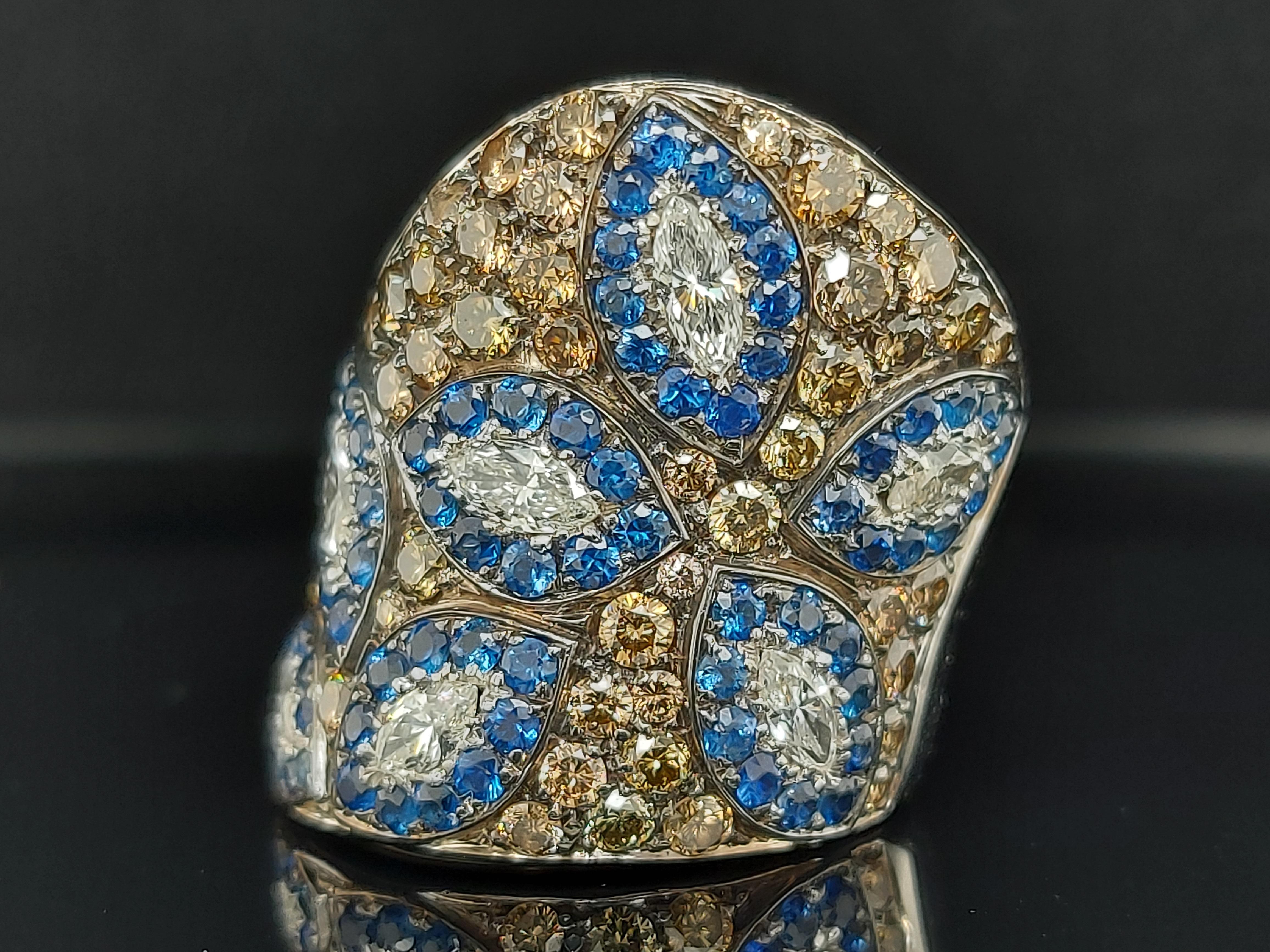 18 Karat White Gold Dome Ring with Sapphire and 3.85 Carat White, Brown Diamonds For Sale 9