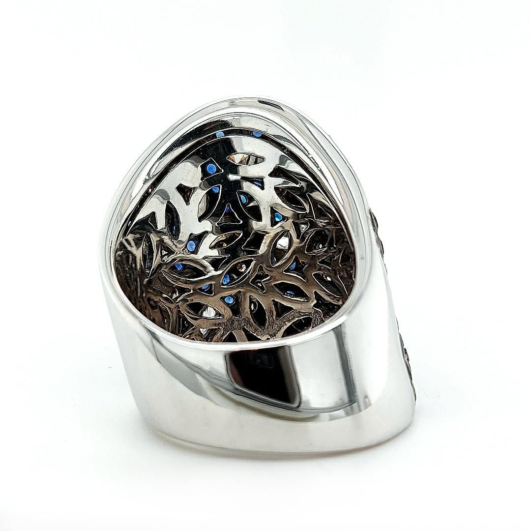 Artisan 18 Karat White Gold Dome Ring with Sapphire and 3.85 Carat White, Brown Diamonds For Sale