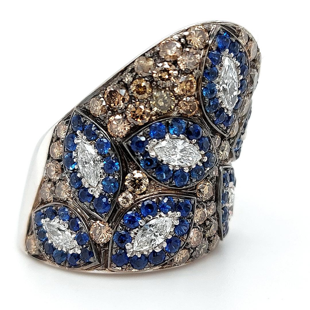 Brilliant Cut 18 Karat White Gold Dome Ring with Sapphire and 3.85 Carat White, Brown Diamonds For Sale