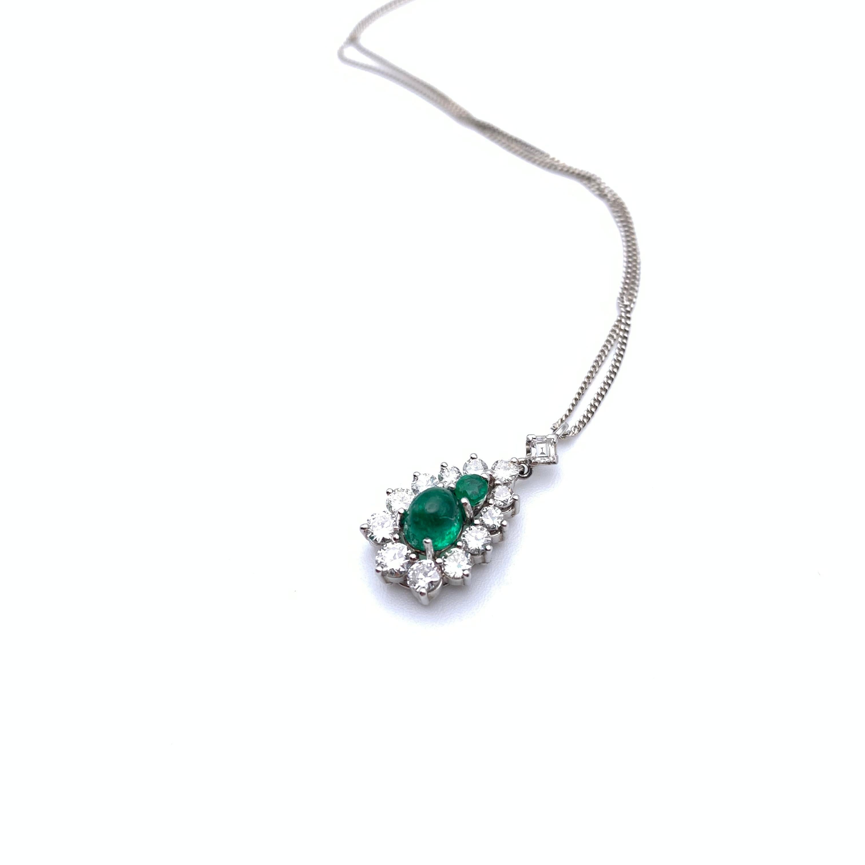 Round Cut 18KT White Gold Double Emerald and Diamond Necklace For Sale