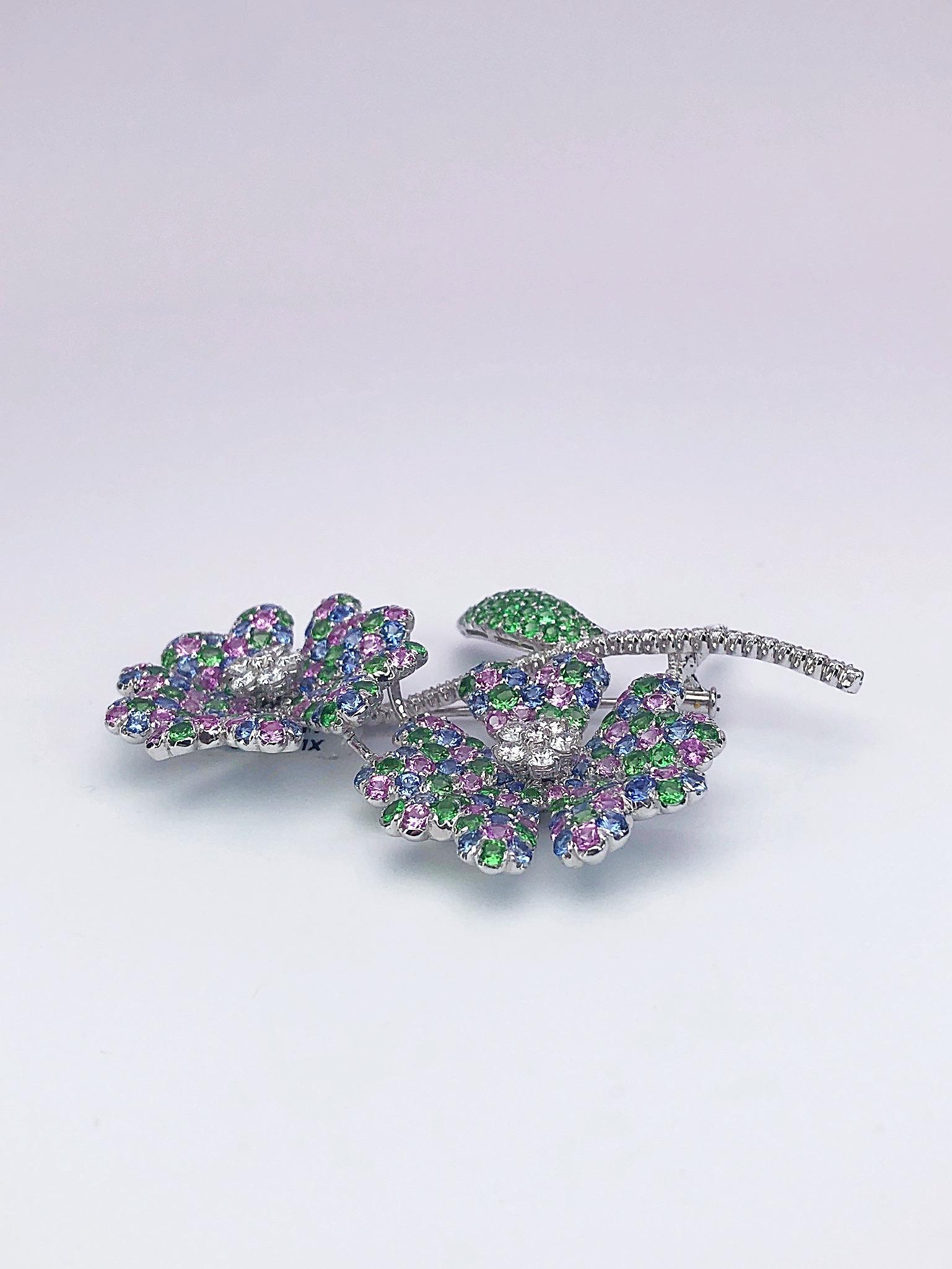 Round Cut 18 Karat Gold Double Flower Brooch, Diamonds, Pastel Sapphires and Tsavorites For Sale