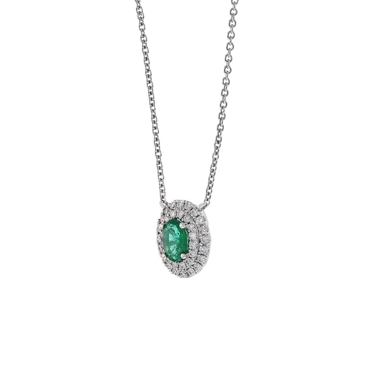 Moderno Collana con smeraldo e diamanti a doppia aureola in oro bianco 18KT in vendita