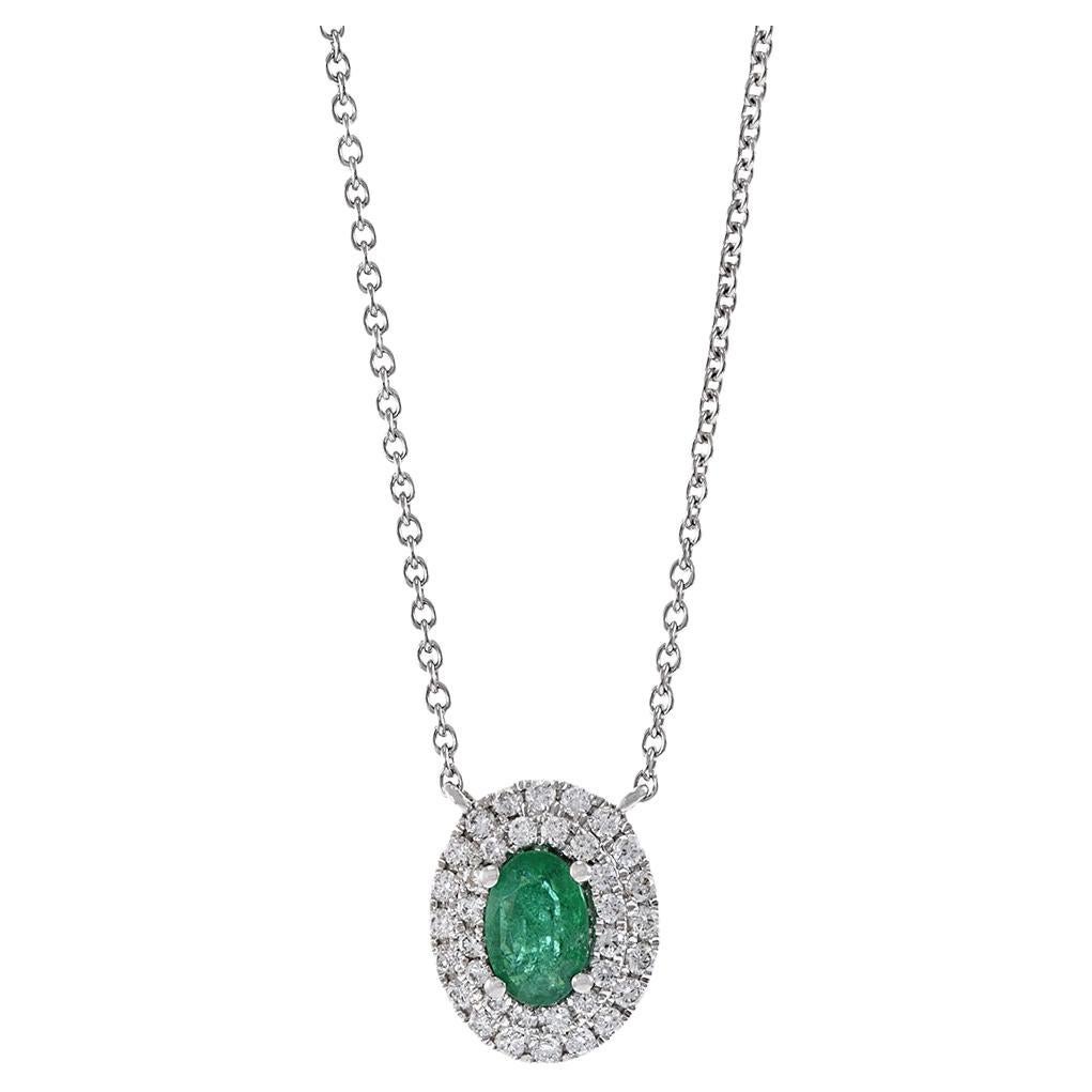 18KT White Gold Double Halo Emerald and Diamond Necklace