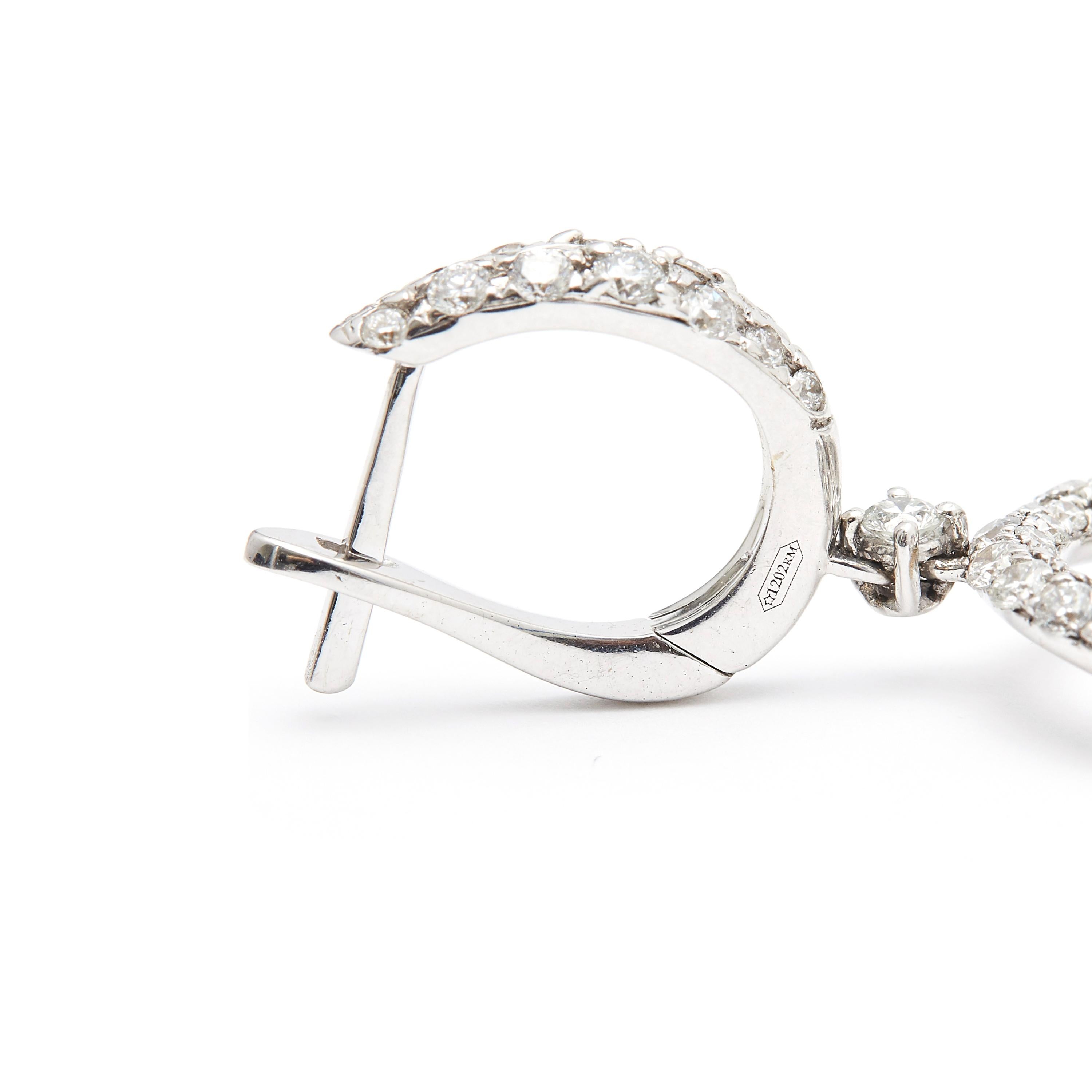 Round Cut 18kt White Gold Double Hoop Drop Earrings with 3.59ct of Diamonds For Sale