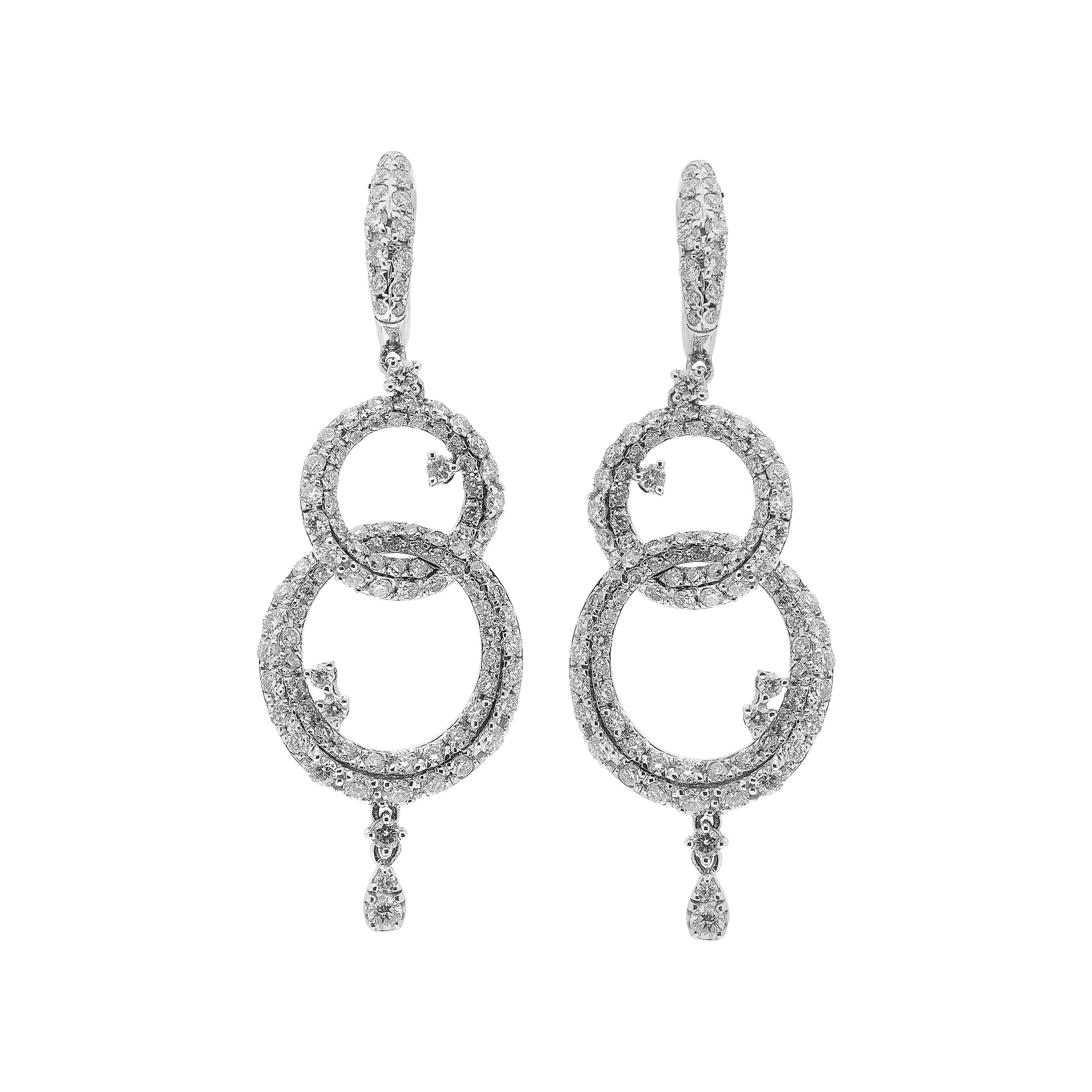 18kt White Gold Double Hoop Drop Earrings with 3.59ct of Diamonds For Sale