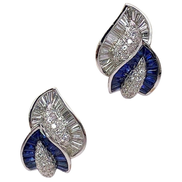 18KT White Gold Double Leaf Earrings with Diamonds & 4.54 Carat Blue Sapphires For Sale