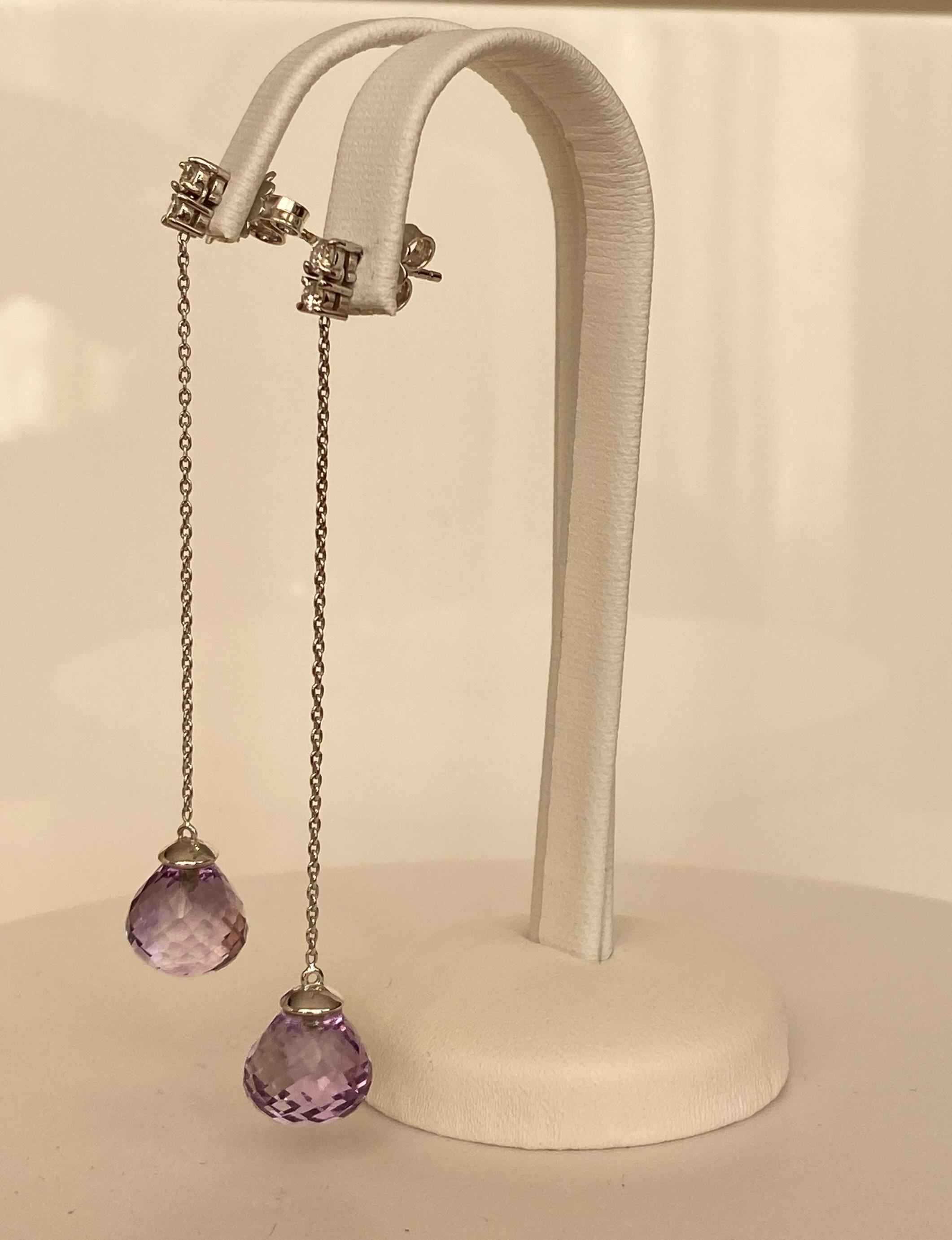 Contemporary 18kt White Gold Drop Earrings with Amethysts and diamonds For Sale