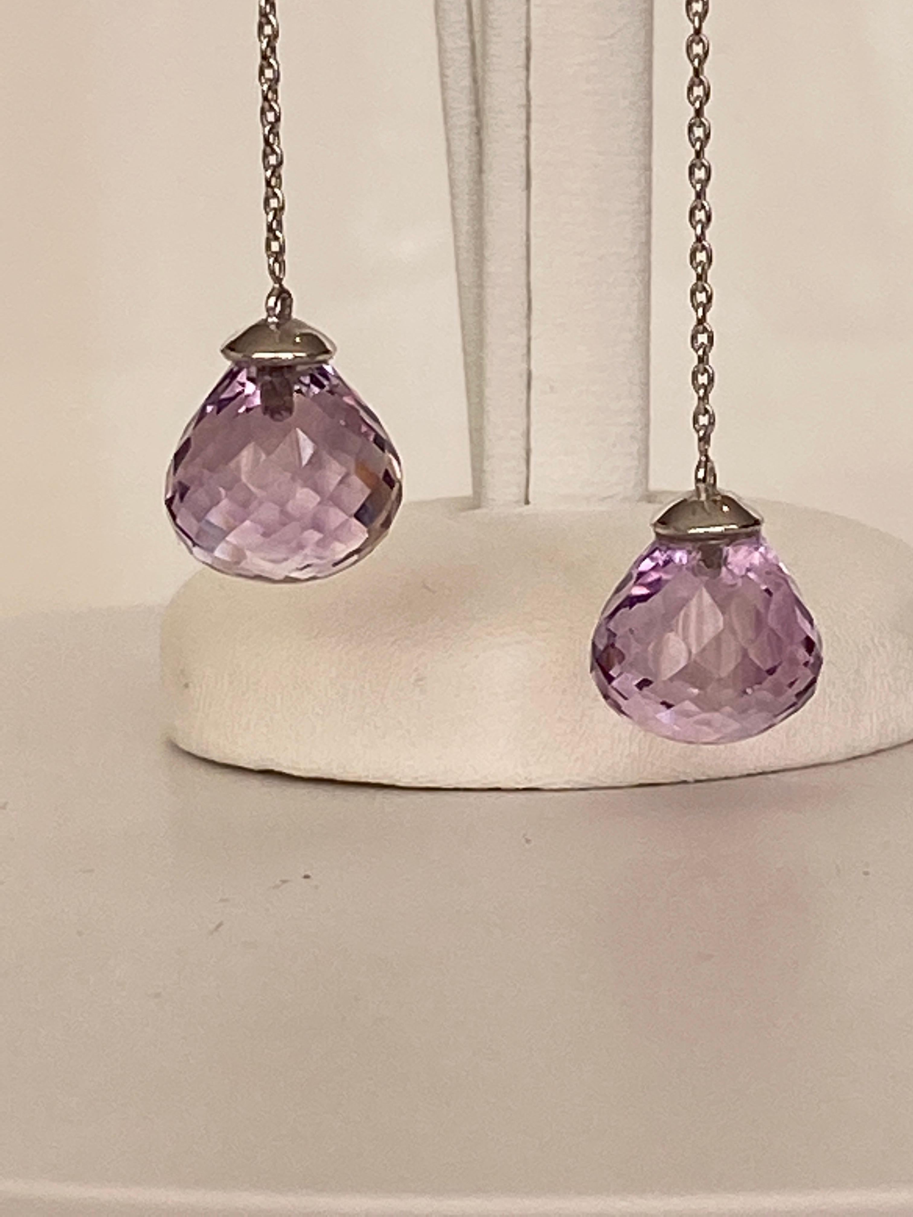Women's 18kt White Gold Drop Earrings with Amethysts and diamonds For Sale