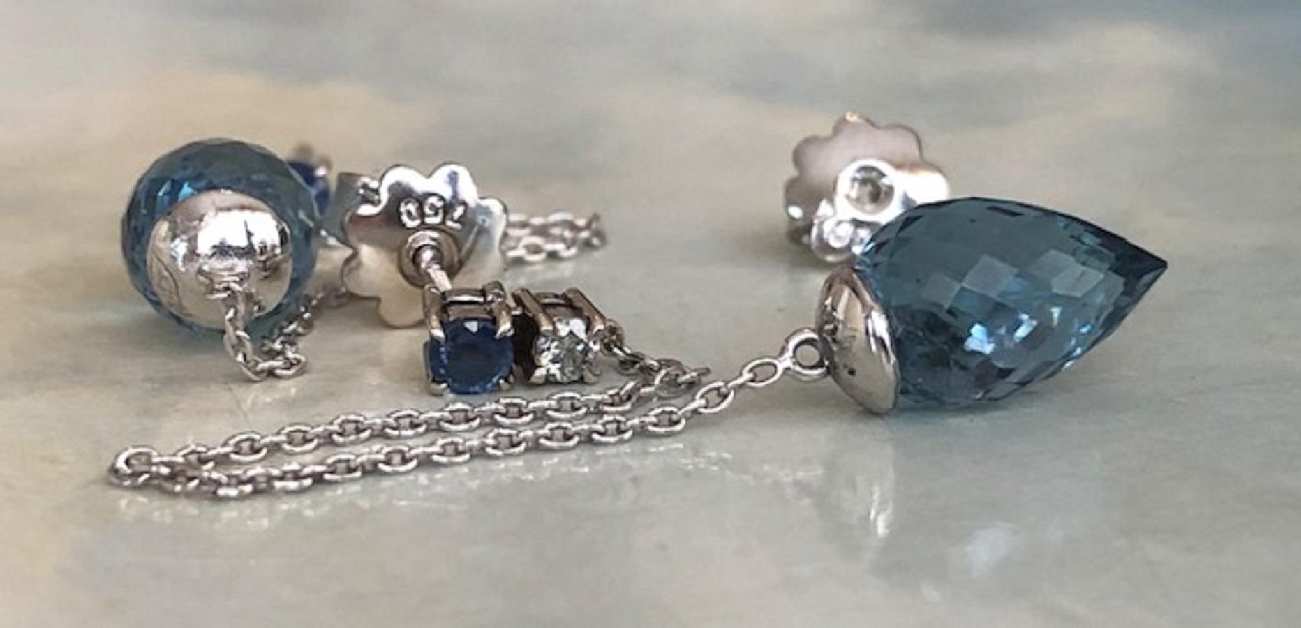 Donna Orecchini pendenti in oro bianco 18kt con topazio blu di Londra, zaffiro e diamanti in vendita