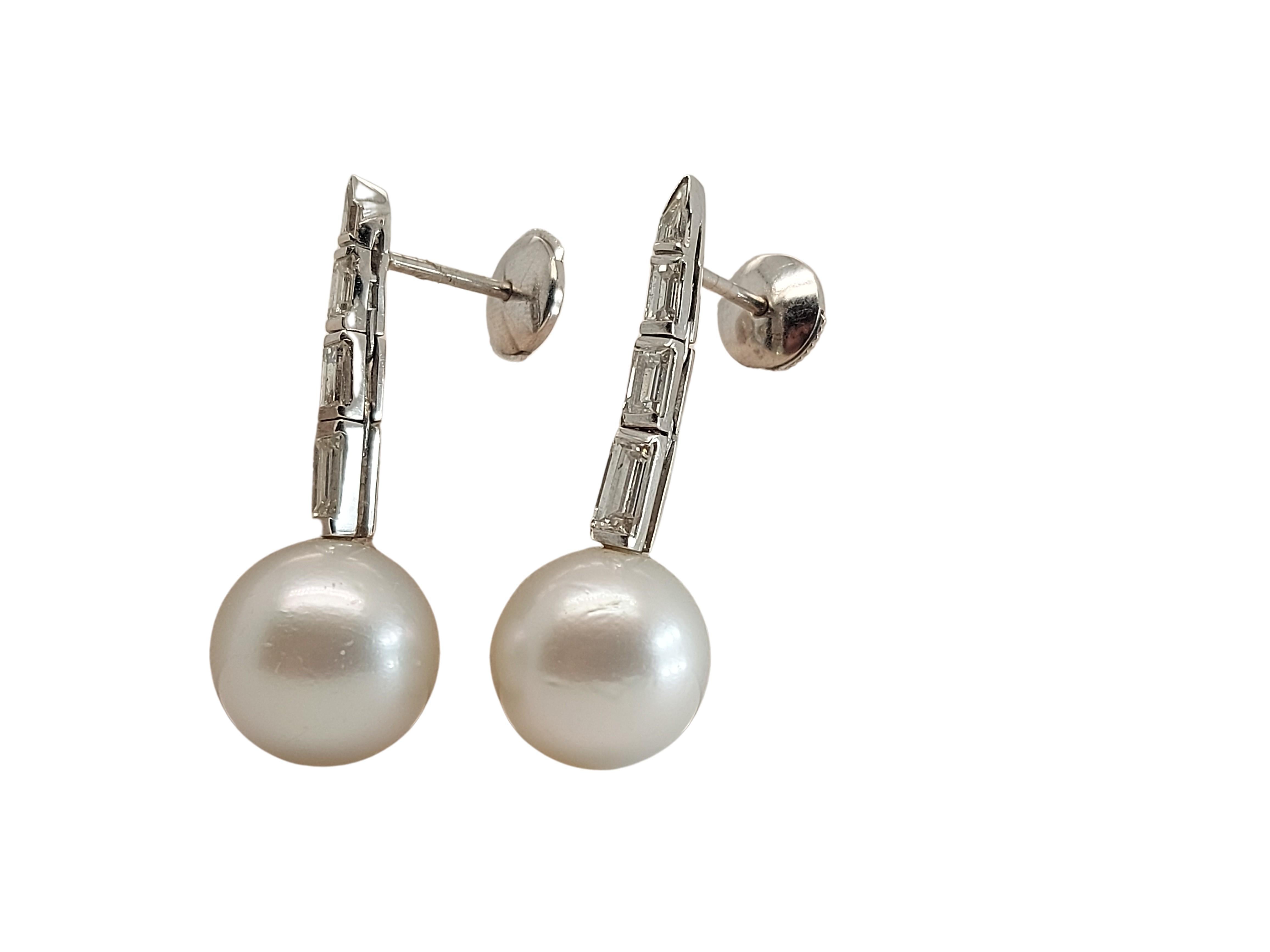 Women's 18kt White Gold Earring With South Sea Pearl & Baguette Earrings For Sale