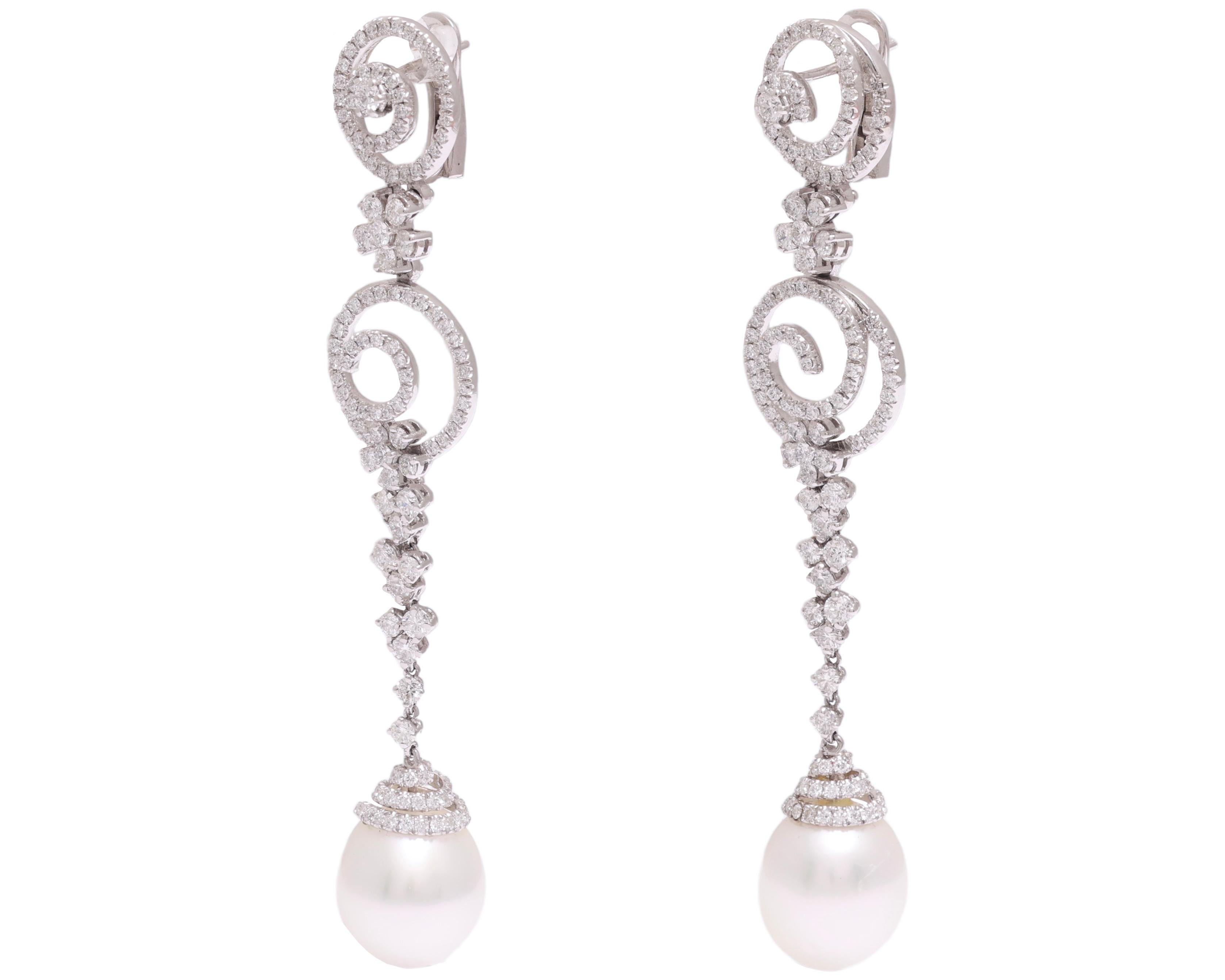 Artisan 18kt White Gold Earrings 5.10 Ct Diamonds & Pearls, Possible Matching Pendant For Sale