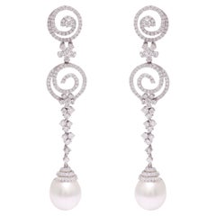 Boucles d'oreilles en or blanc 18 carats, diamants 5,10 carats et perles, pendentif possible assorti