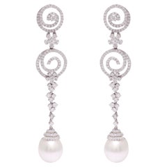 Pendientes Oro Blanco 18kt 5.10 Ct Diamantes y Perlas, Posible Colgante a Juego