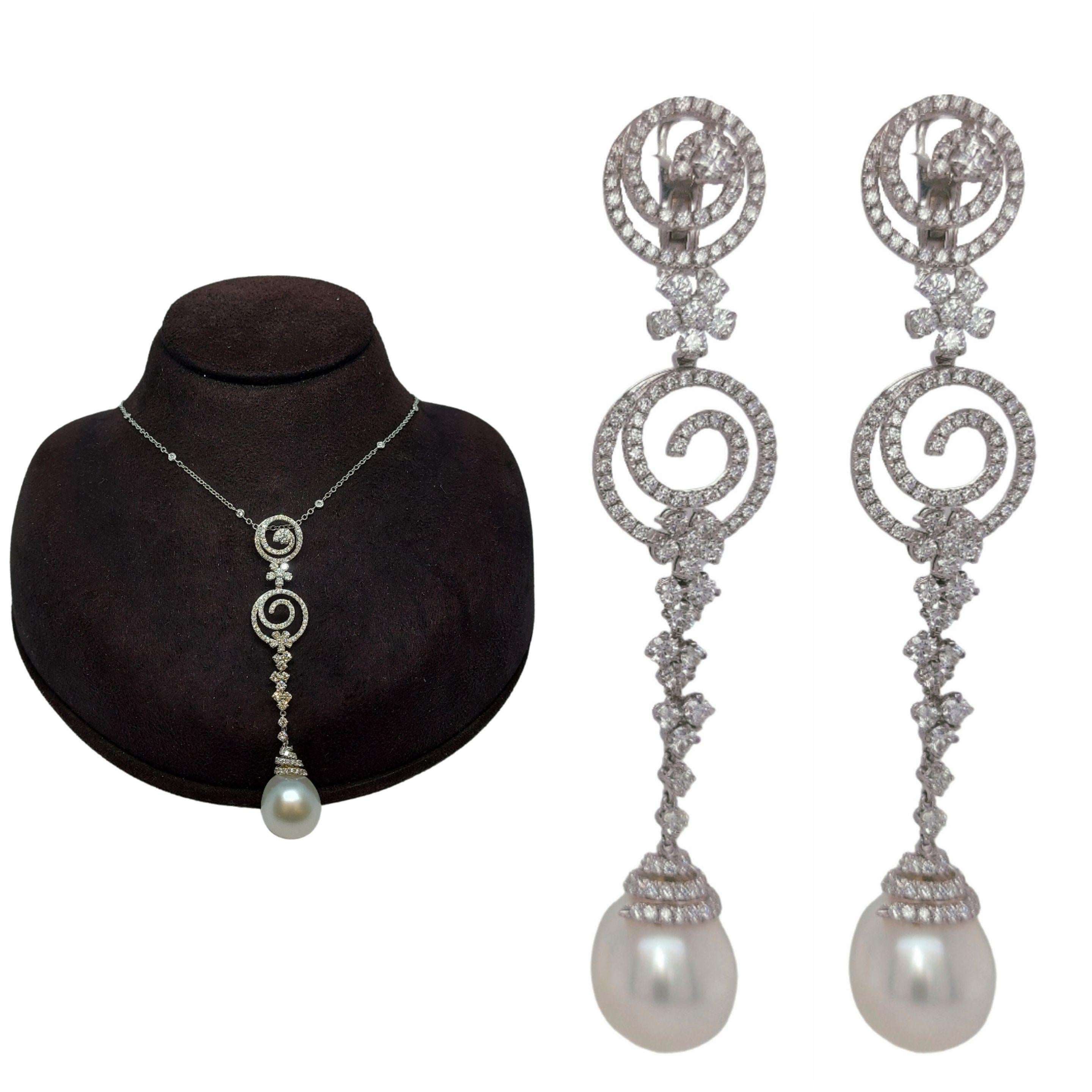 18kt White Gold Earrings 5.10 Ct Diamonds & Pearls, Possible Matching Pendant For Sale 5