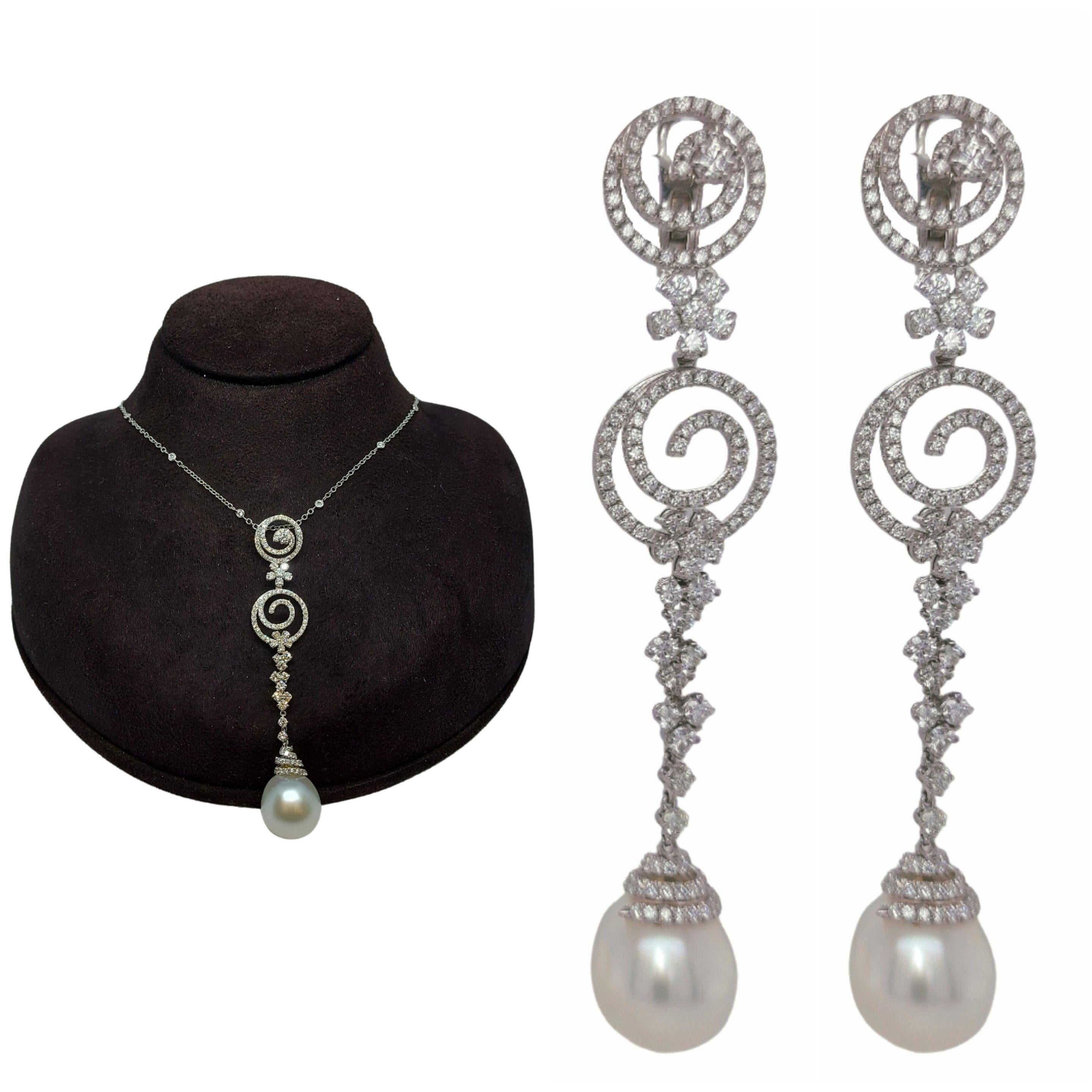 Orecchini in oro bianco 18kt con diamanti e perle da 5,10 carati, eventuale pendente abbinato in vendita 5
