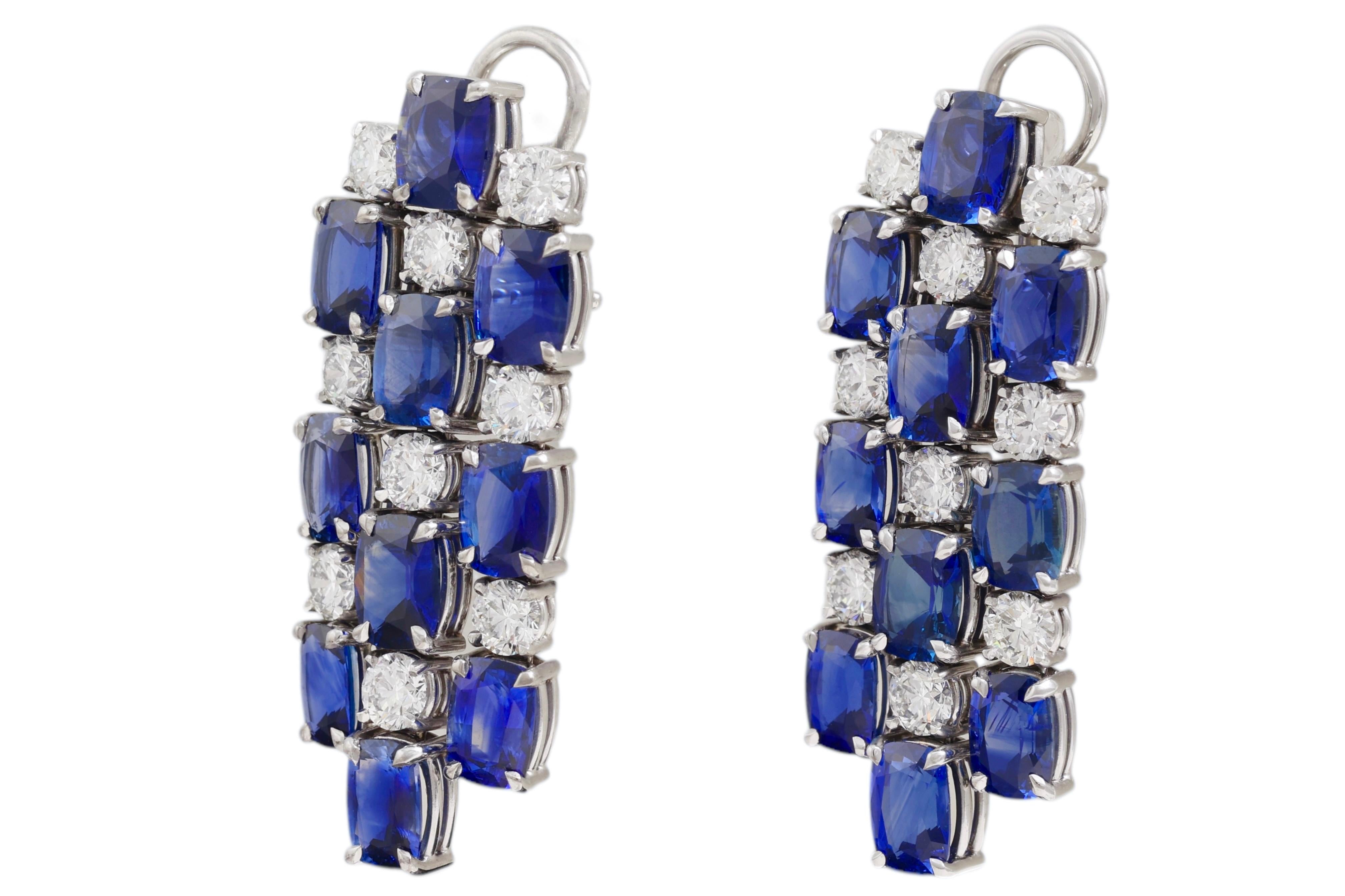 Contemporary 18kt White Gold Earrings with 21.42ct Sapphires, 5.09ct Diamonds, CGL Certified For Sale