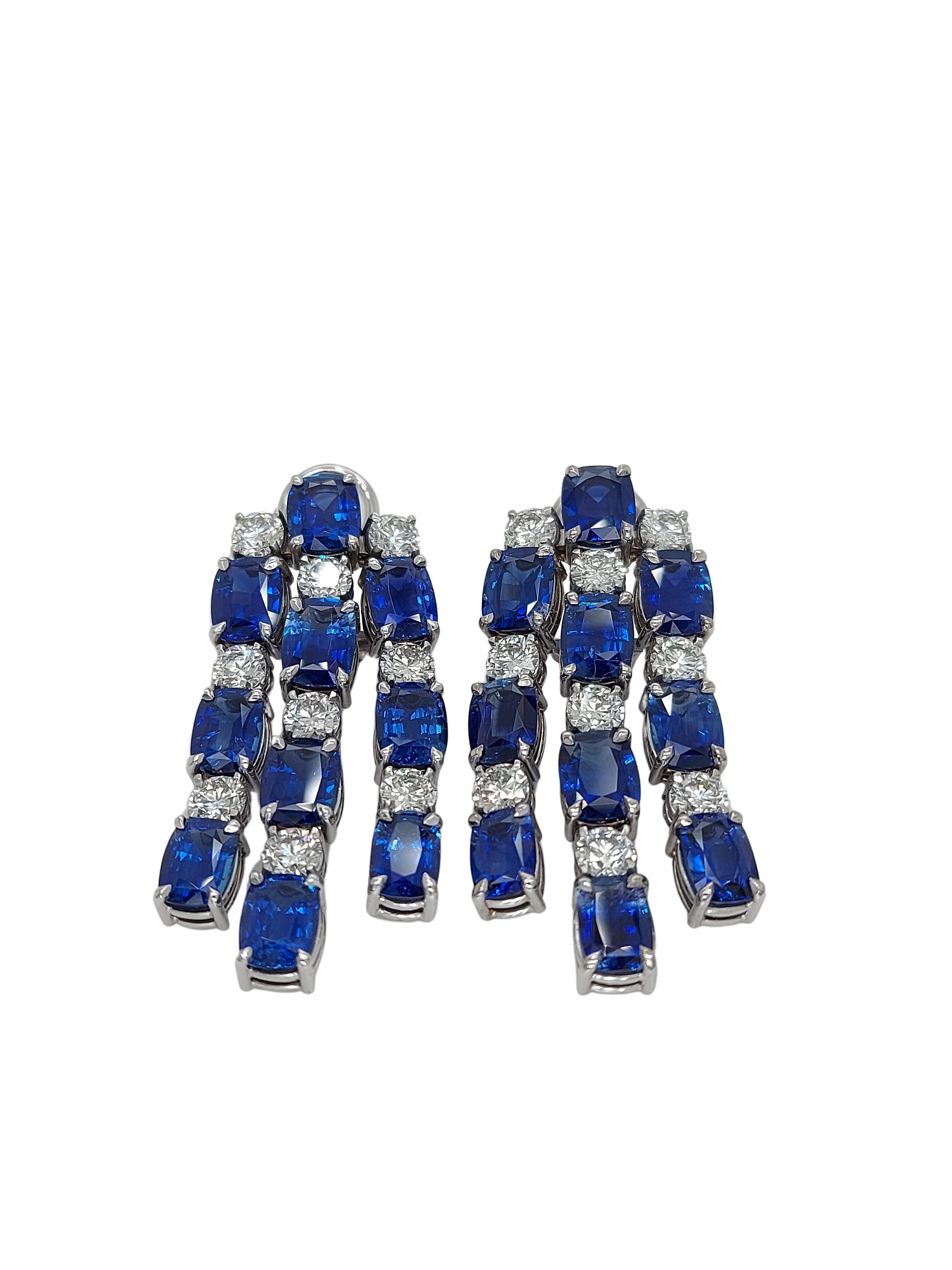 Cushion Cut 18kt White Gold Earrings with 21.42ct Sapphires, 5.09ct Diamonds, CGL Certified For Sale