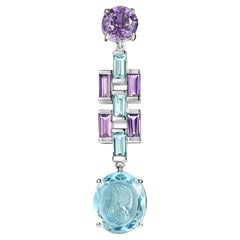 18 Karat White Gold Earrings with Amethyst & Aquamarine Stone, Woman Engraved!