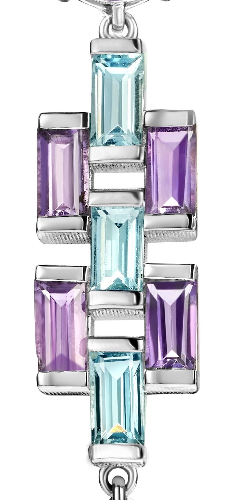 Artisan 18 Karat White Gold Earrings with Amethyst & Aquamarine Stone, Woman Engraved! For Sale