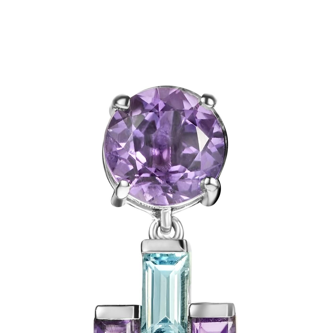 Round Cut 18 Karat White Gold Earrings with Amethyst & Aquamarine Stone, Woman Engraved! For Sale