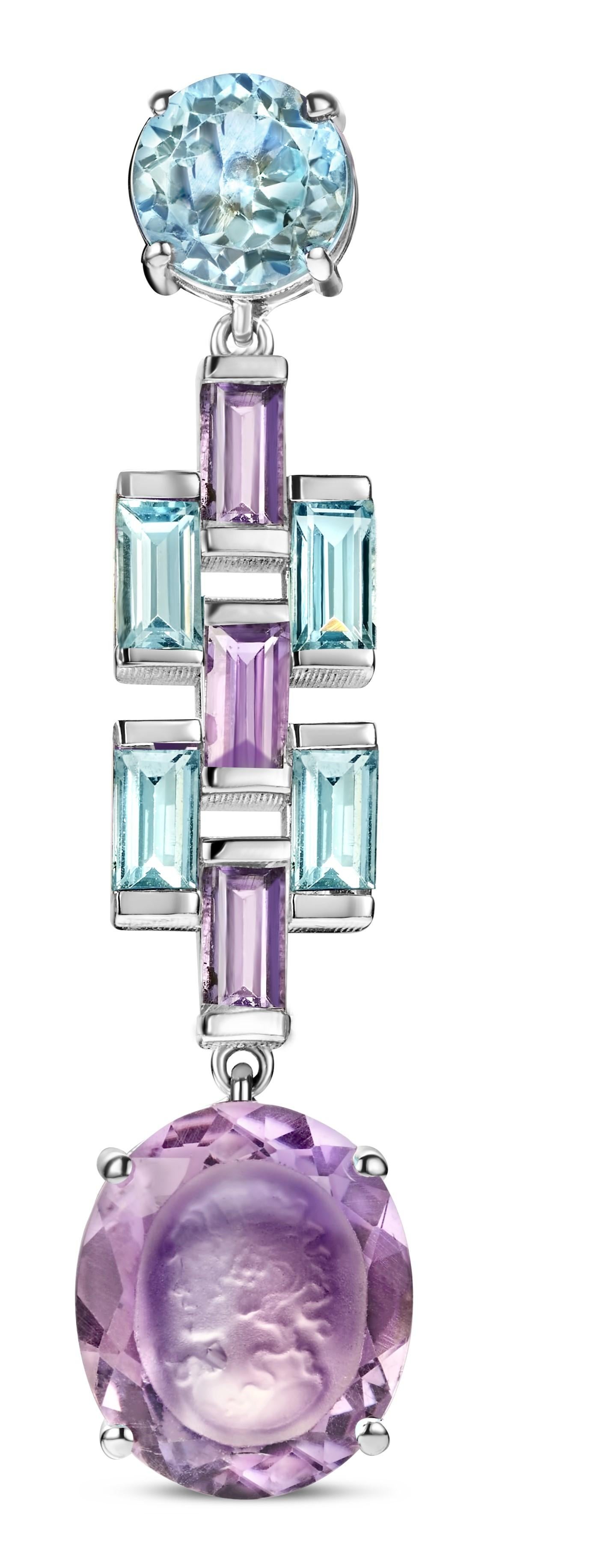 Women's 18 Karat White Gold Earrings with Amethyst & Aquamarine Stone, Woman Engraved! For Sale