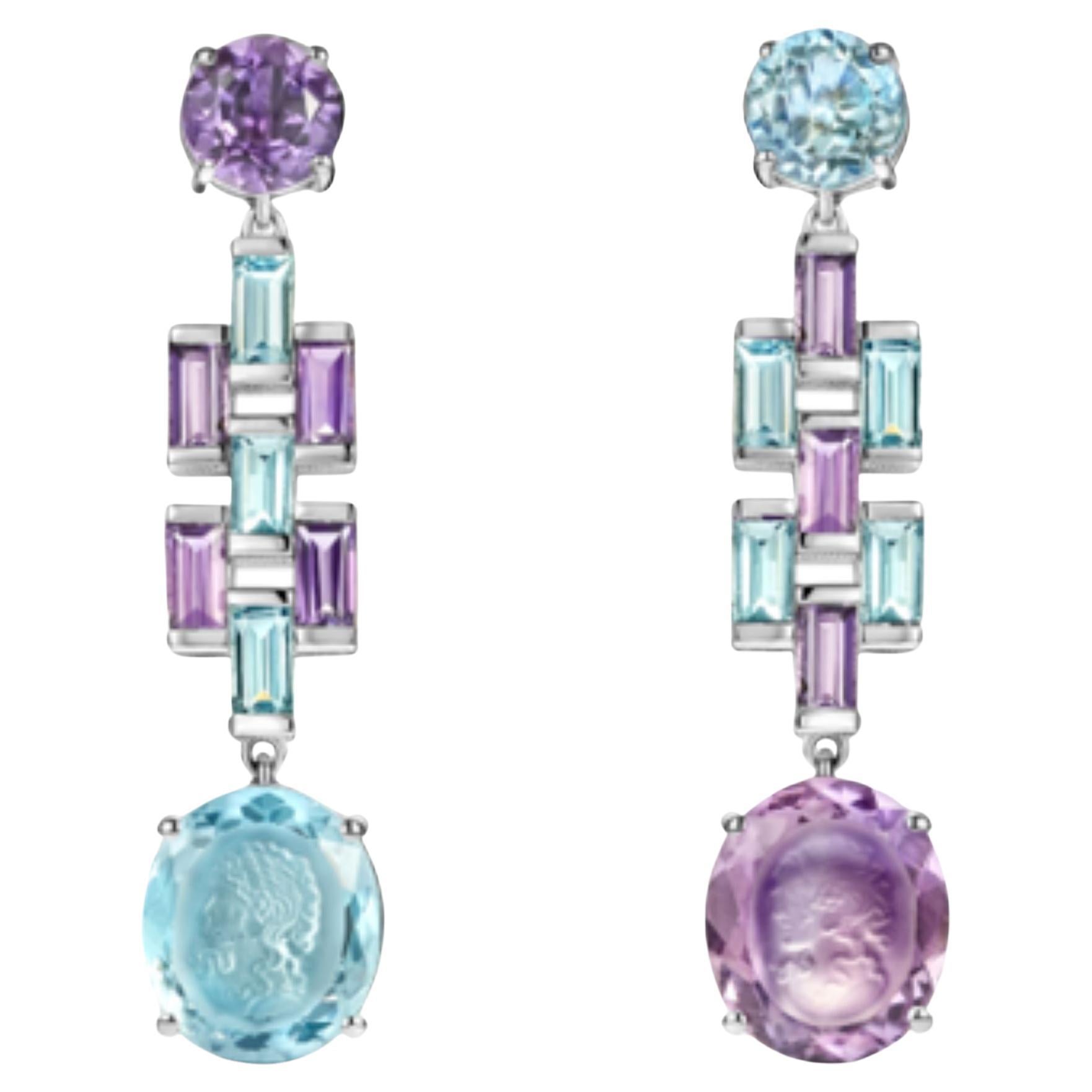 Boucles d'oreilles en or blanc 18 carats avec Améthyste et Aigue-marine Stone, gravées par une femme ! en vente