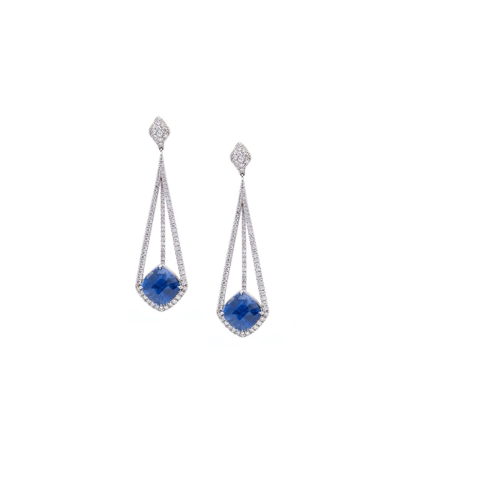 Modern 18 Karat White Gold Earrings with Diamonds and GIA Certified Blue Sapphires For Sale