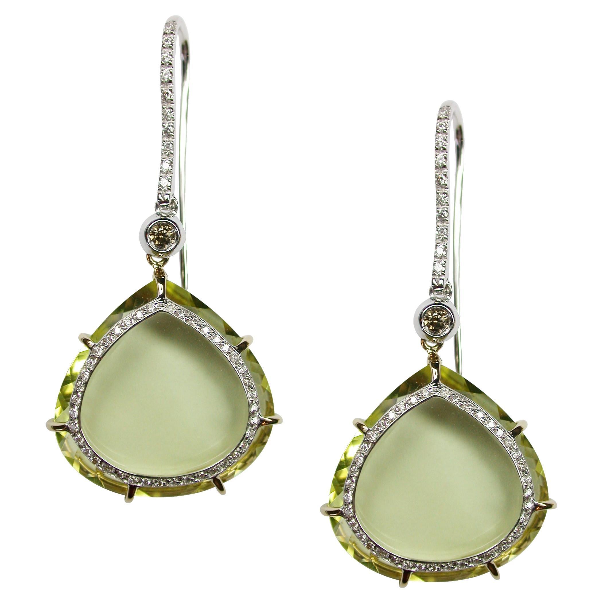 18kt  white gold earrings with diamonds & lemon quartz drops For Sale