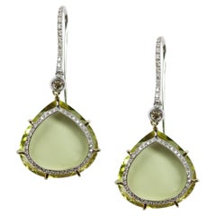 18kt  Boucles d'oreilles en or blanc avec diamants et gouttes de quartz citron