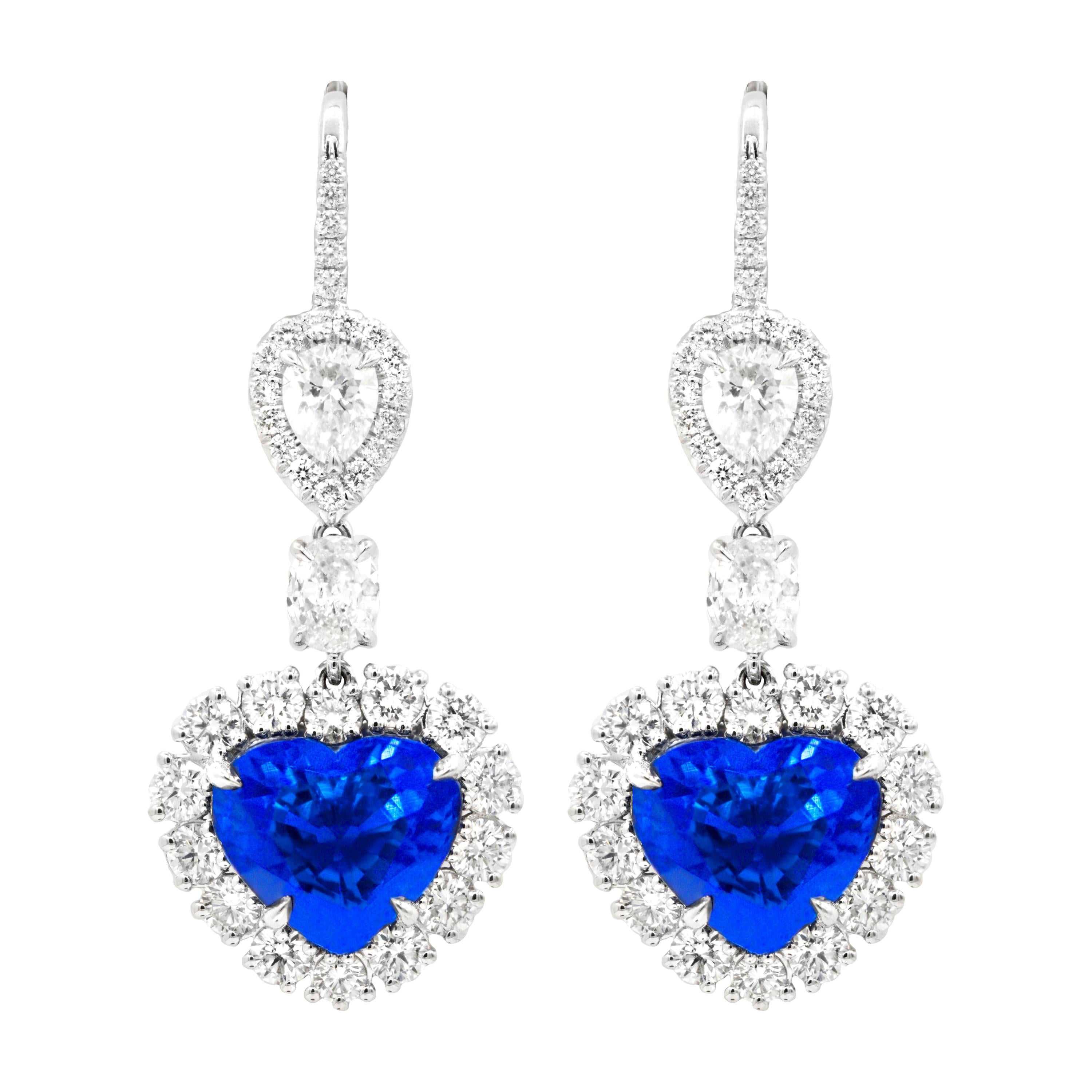Diana M. 18kt White Gold Earrings with Heart Shape Sapphire & Diamonds For Sale