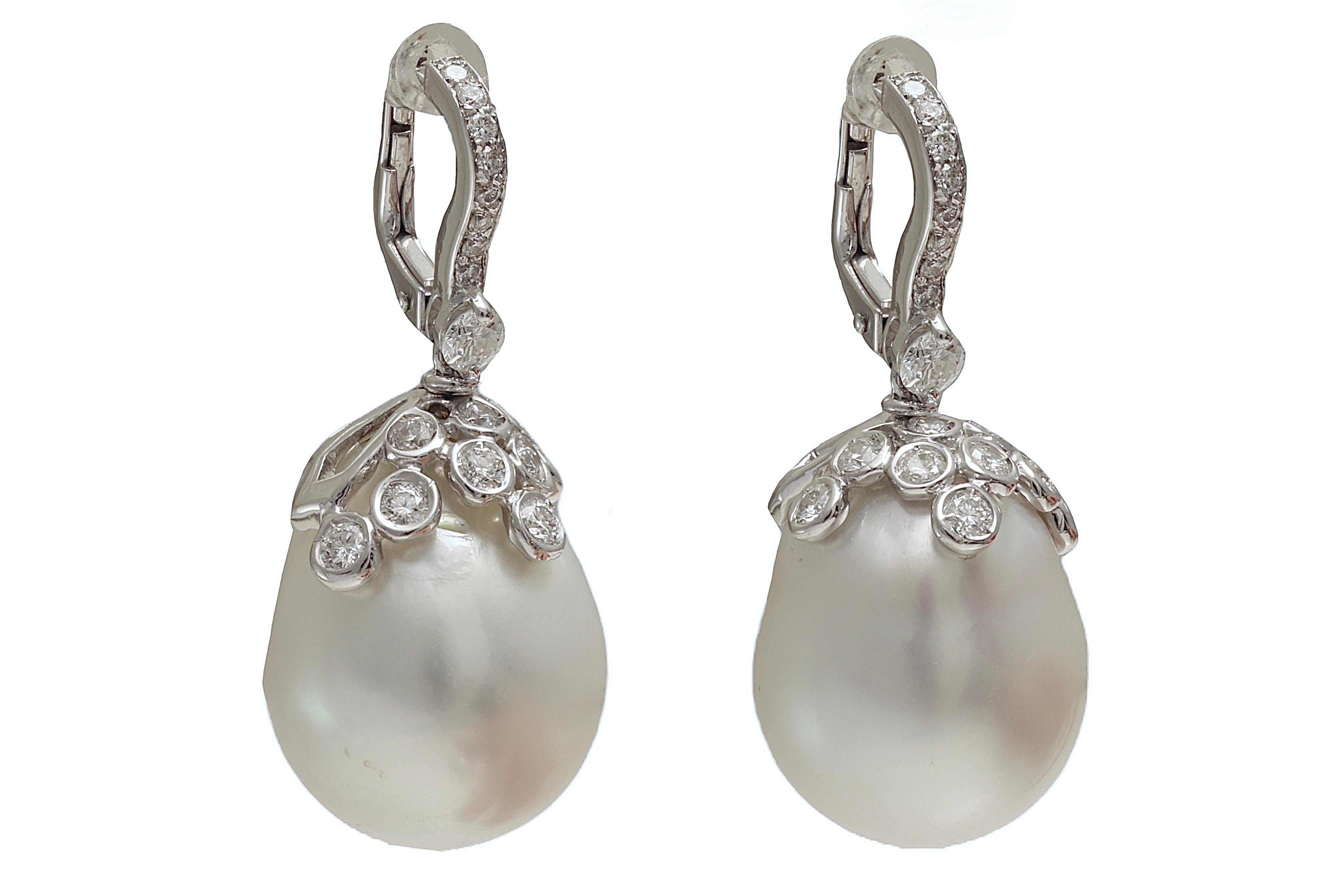 Modern 18kt. White Gold Earrings With Huge Baroque South Sea Pearls & 1.4 ct. Diamonds For Sale