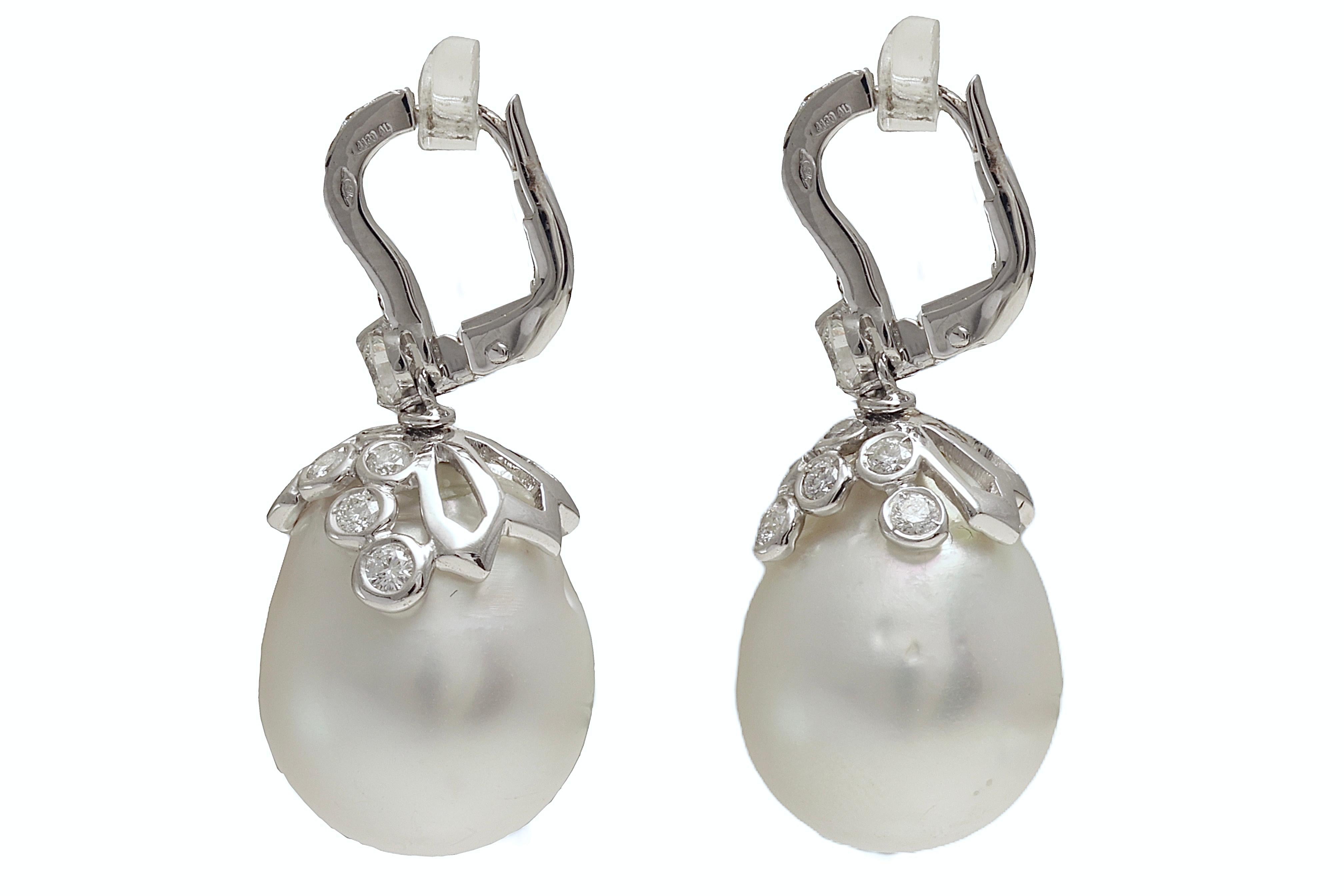 Brilliant Cut 18kt. White Gold Earrings With Huge Baroque South Sea Pearls & 1.4 ct. Diamonds For Sale