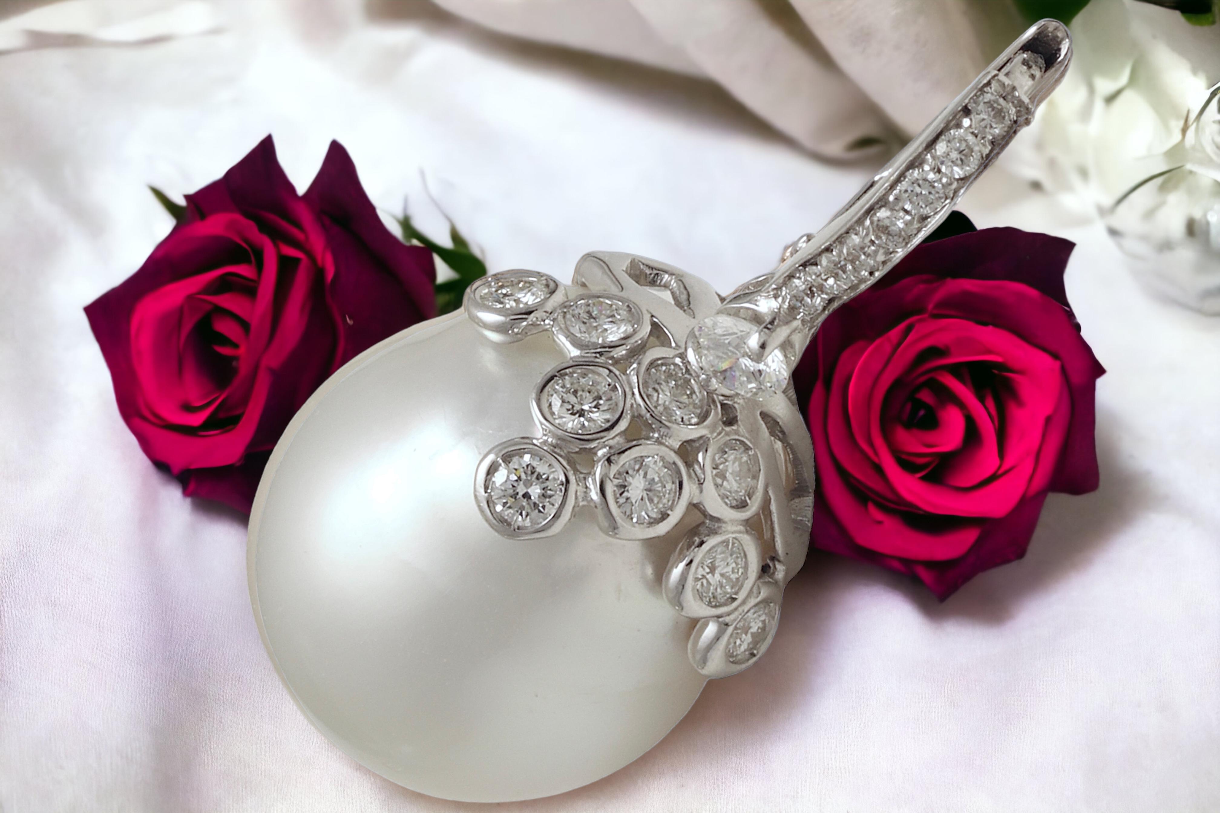 Women's or Men's 18kt. White Gold Earrings With Huge Baroque South Sea Pearls & 1.4 ct. Diamonds For Sale