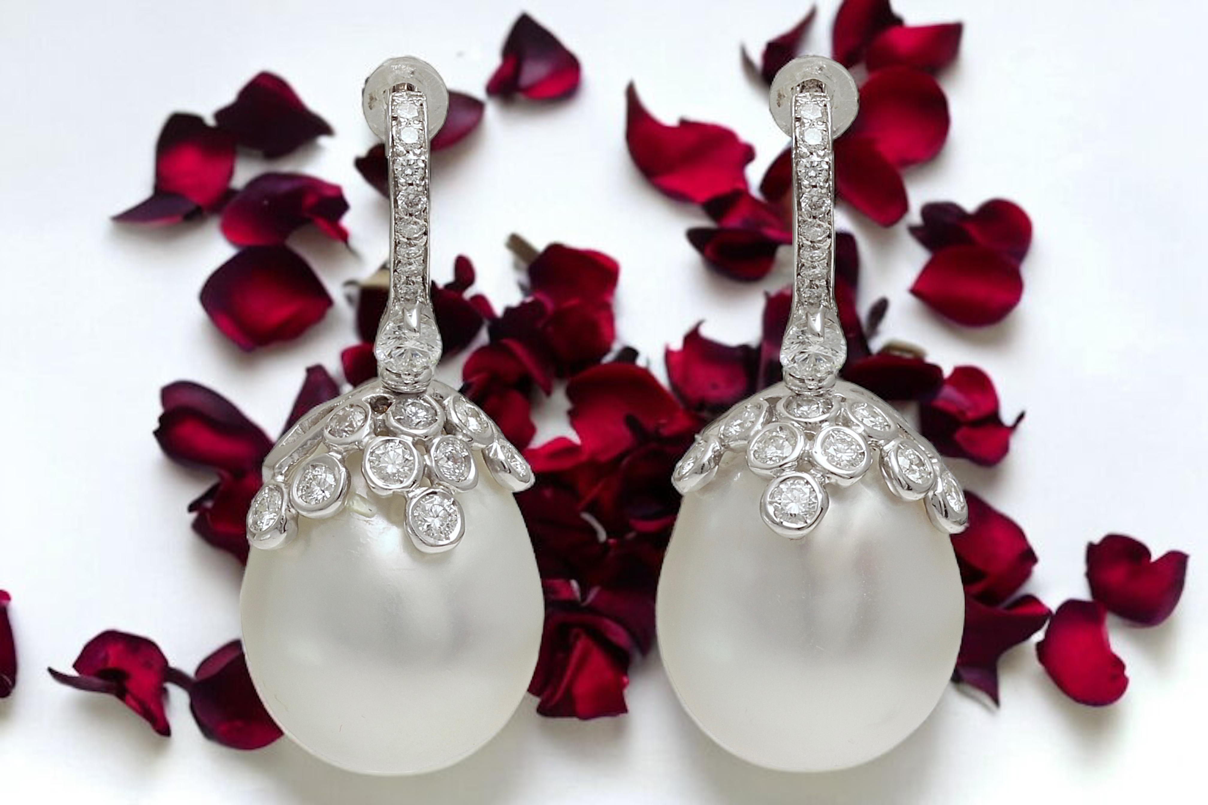 18kt. White Gold Earrings With Huge Baroque South Sea Pearls & 1.4 ct. Diamonds For Sale 1