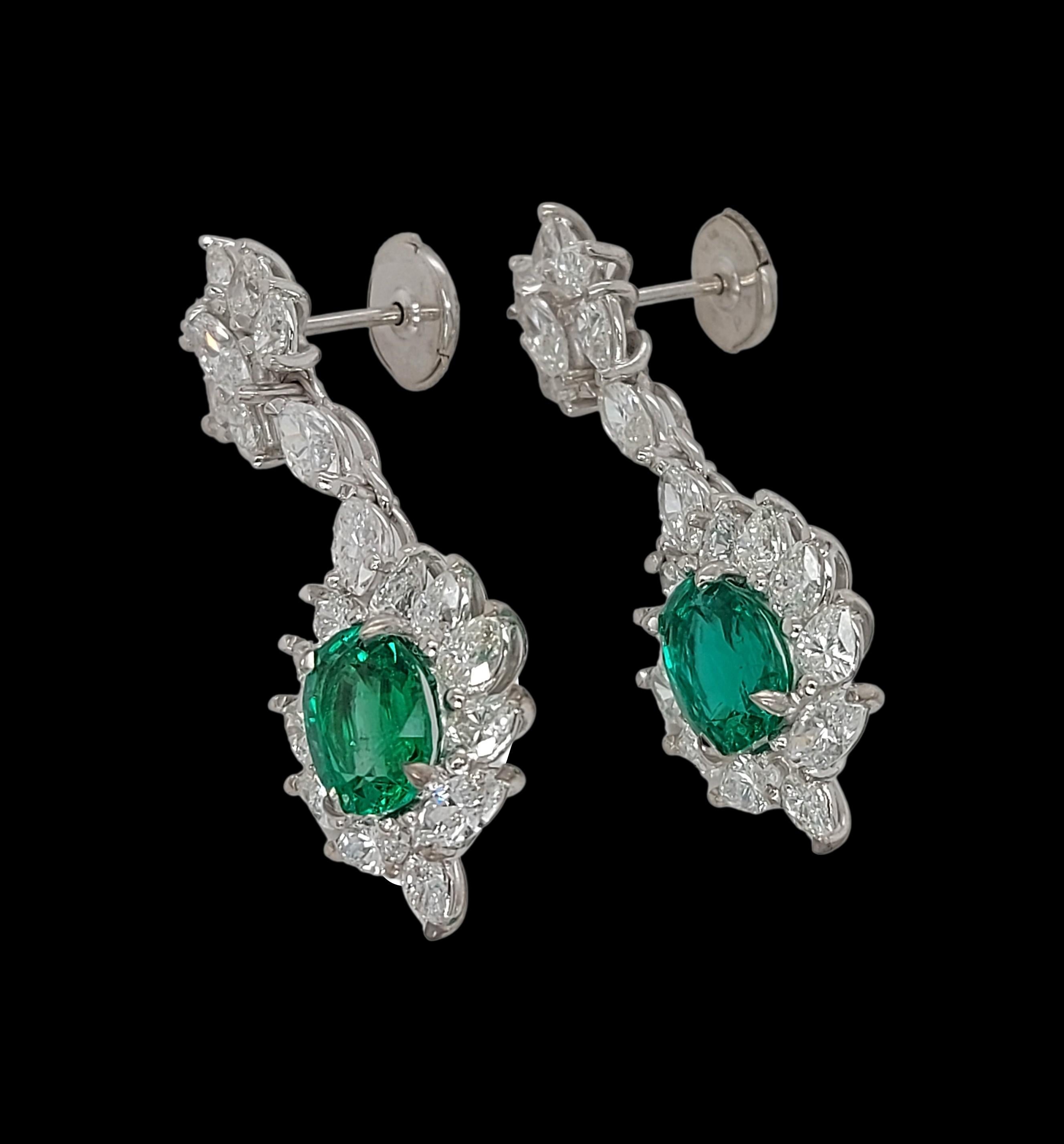 18kt White Gold Earrings with Marquise Diamonds & Minor Colombian Oval Emeralds  For Sale 3