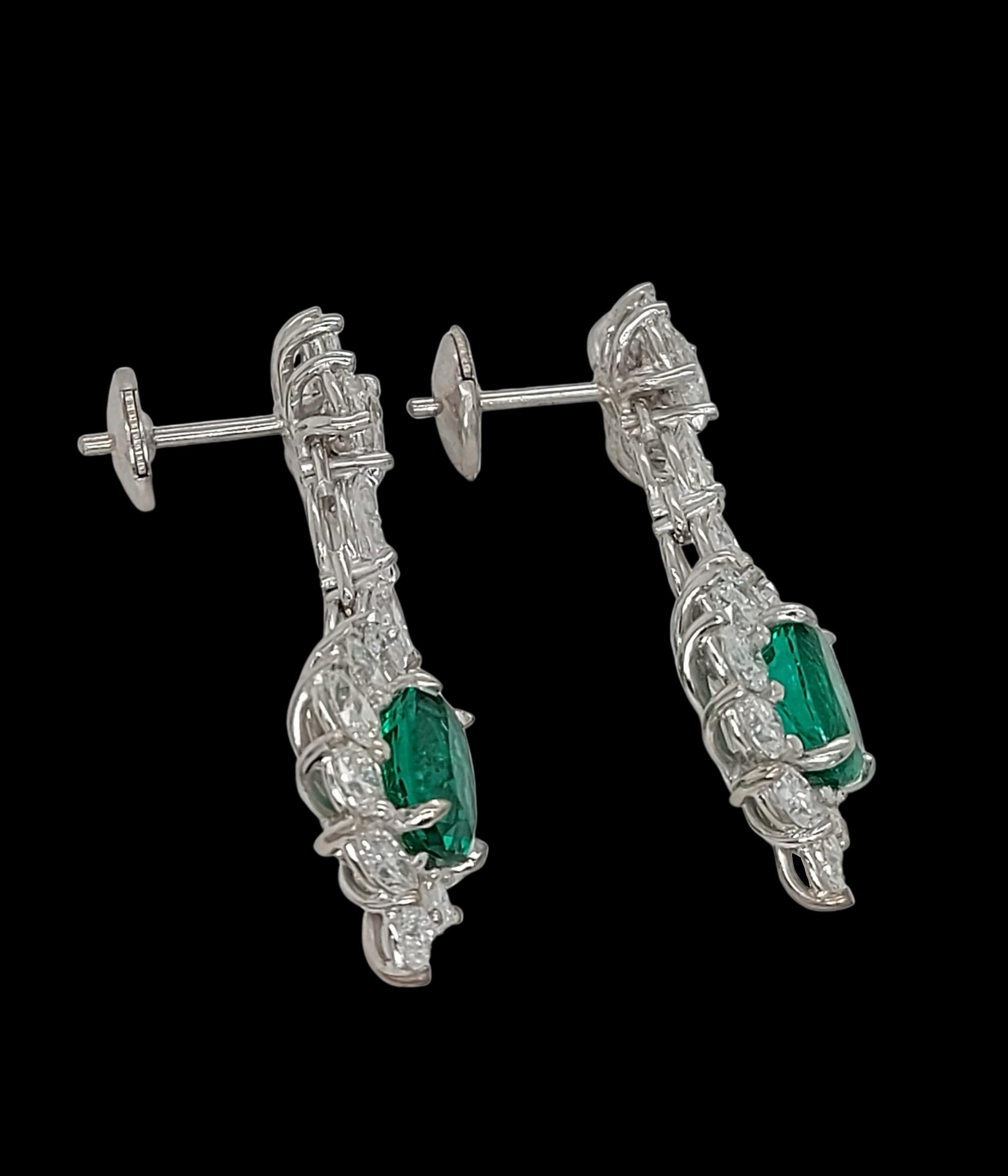 18kt White Gold Earrings with Marquise Diamonds & Minor Colombian Oval Emeralds  For Sale 4