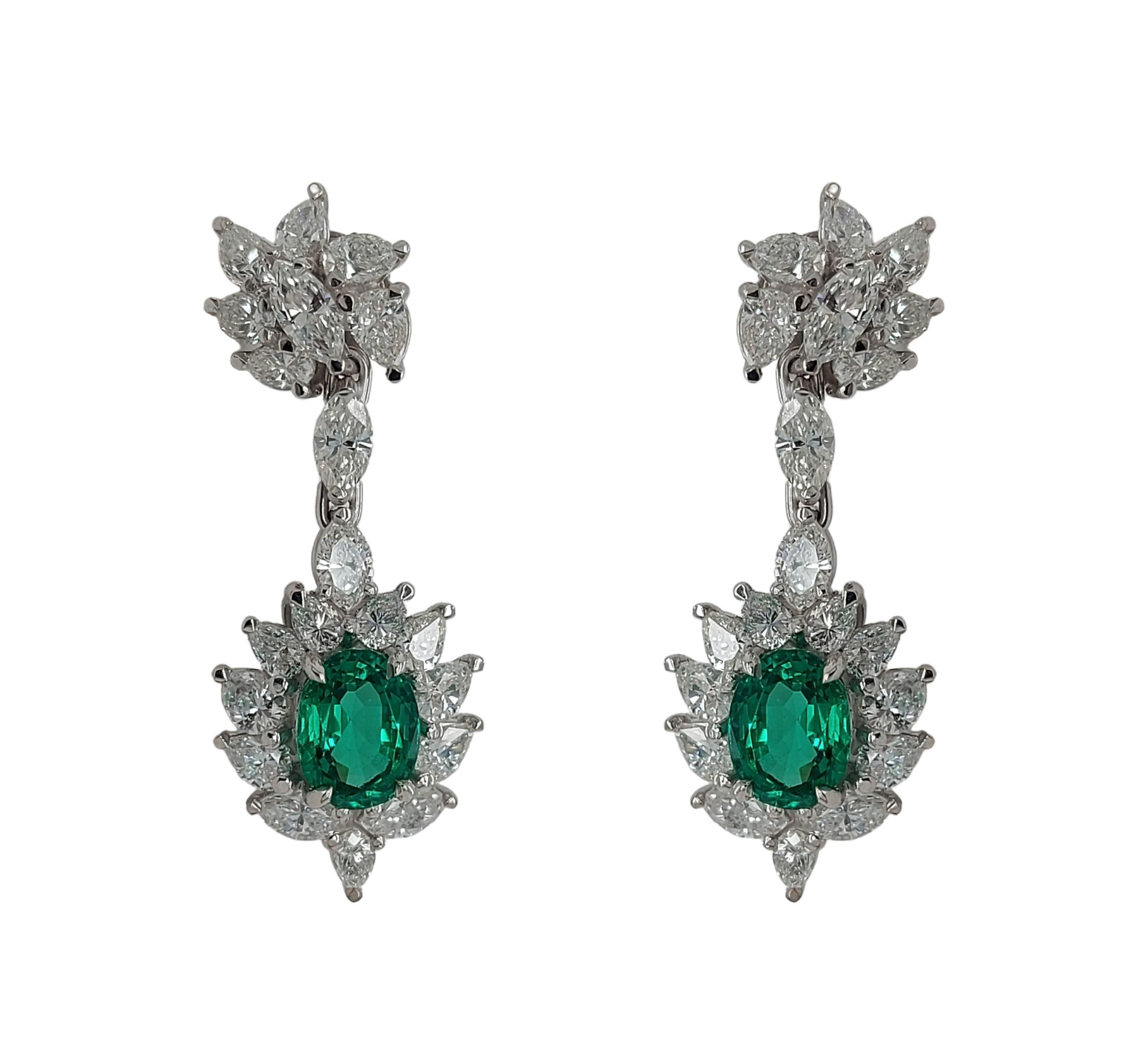 18kt White Gold Earrings with Marquise Diamonds & Minor Colombian Oval Emeralds  For Sale 5