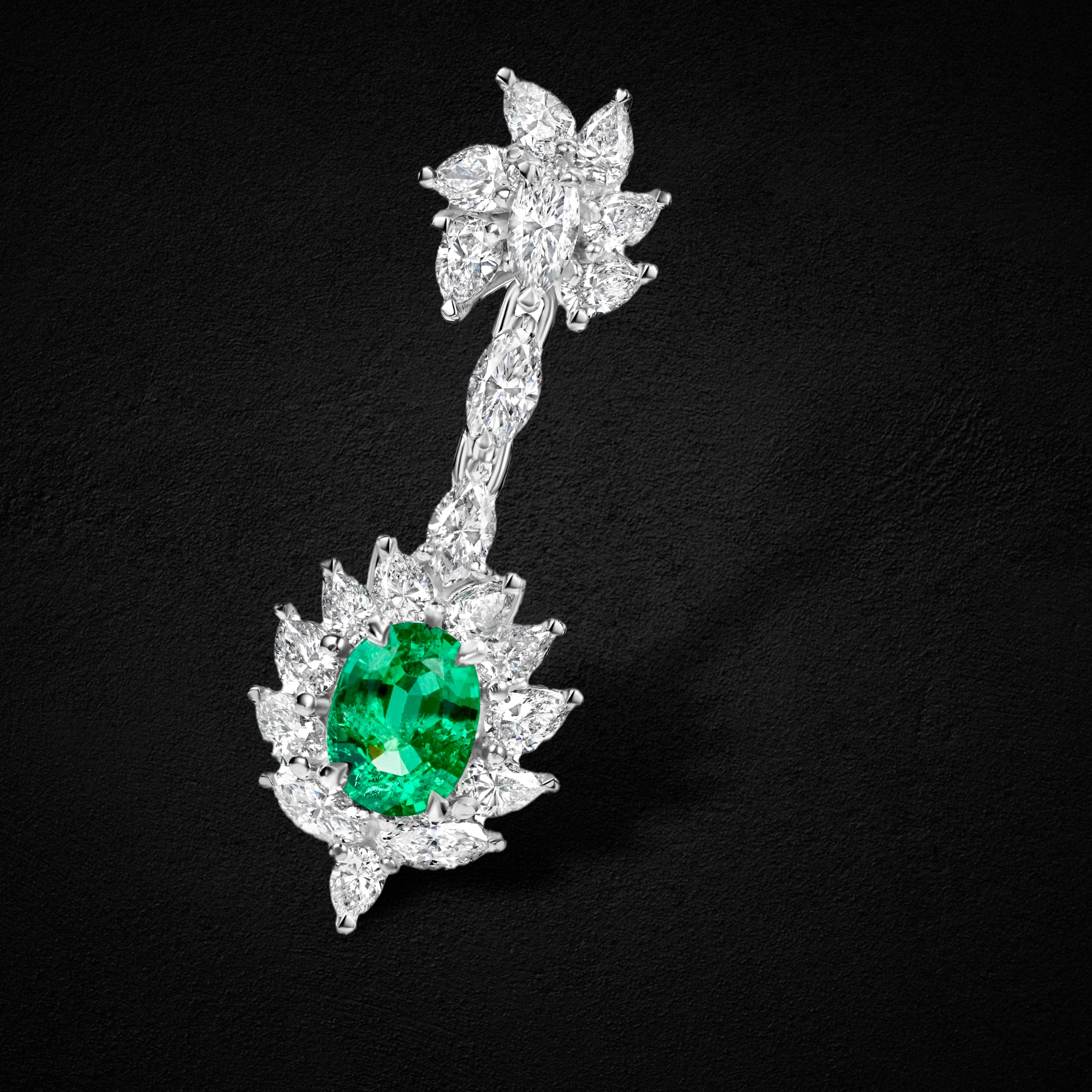 18kt White Gold Earrings With Marquise Diamonds and Colombian Emeralds 

Stunning Hand Crafted Colombian Emeralds  & Diamonds Earrings from Extremely high Quality !

Diamonds: Marquise cut diamonds, together 4.45ct

Emerald: Colombian Minor Oil 2