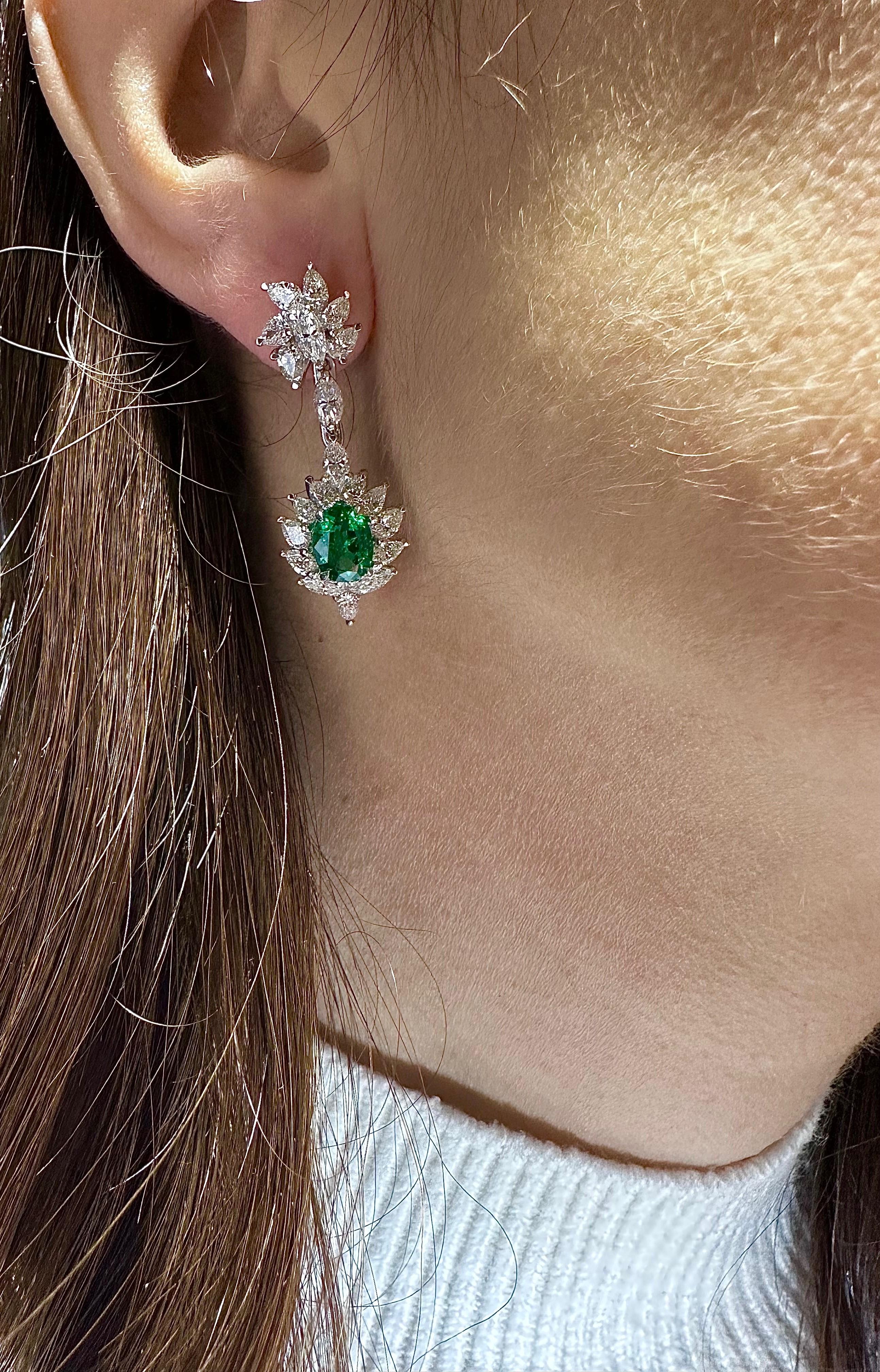 Artisan 18kt White Gold Earrings with Marquise Diamonds & Minor Colombian Oval Emeralds  For Sale