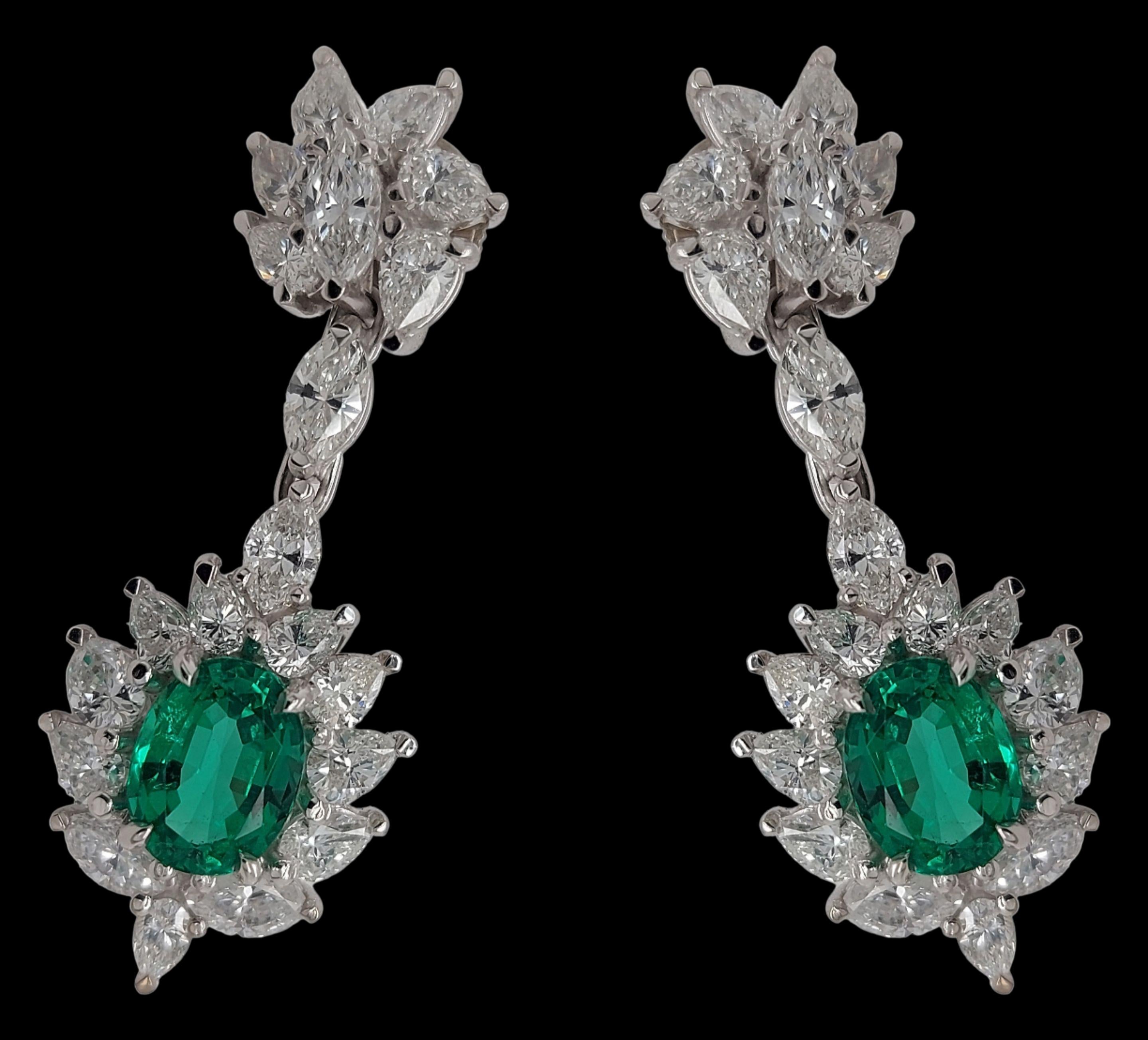 Women's or Men's 18kt White Gold Earrings with Marquise Diamonds & Minor Colombian Oval Emeralds  For Sale