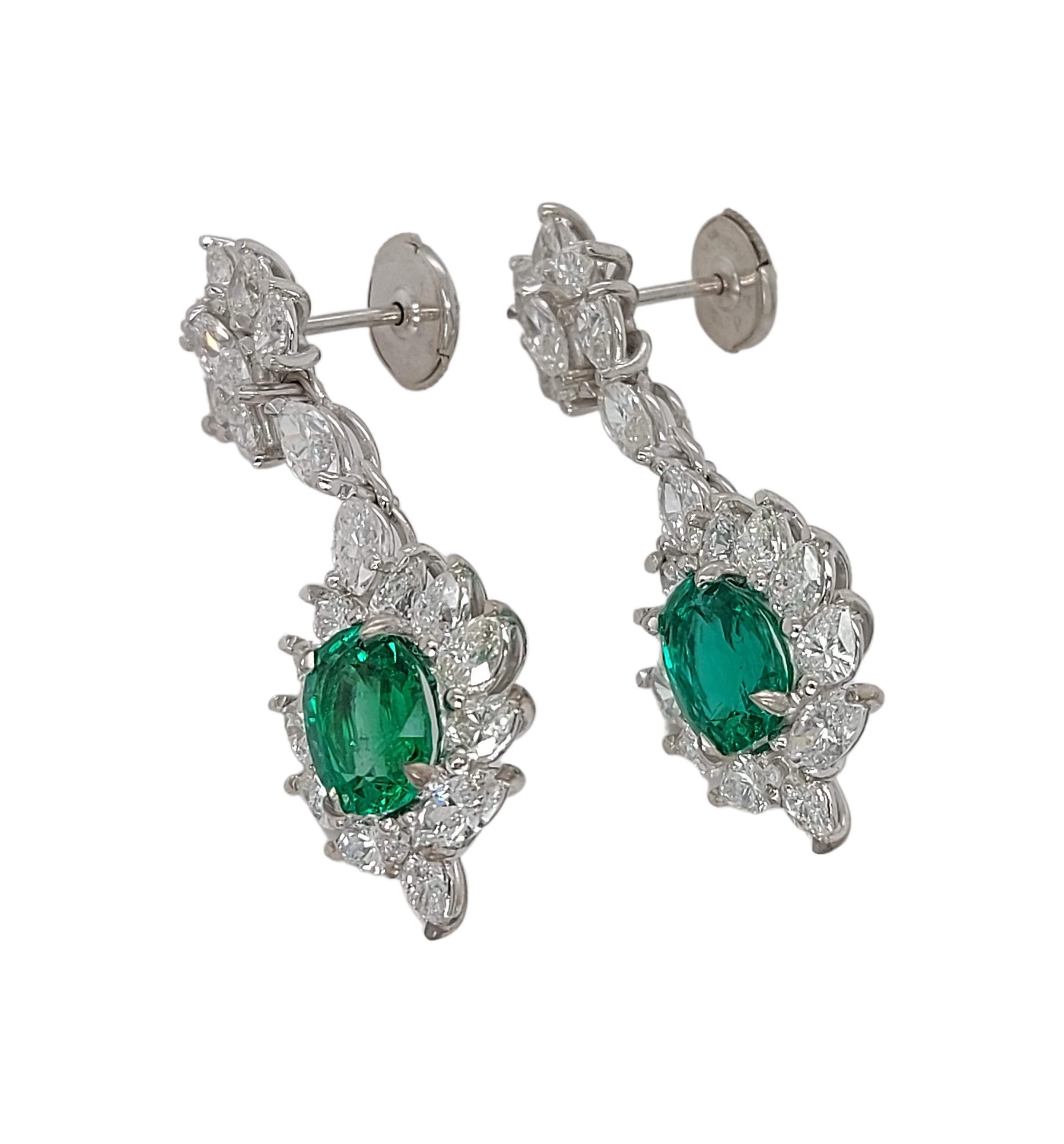 18kt White Gold Earrings with Marquise Diamonds & Minor Colombian Oval Emeralds  For Sale 1