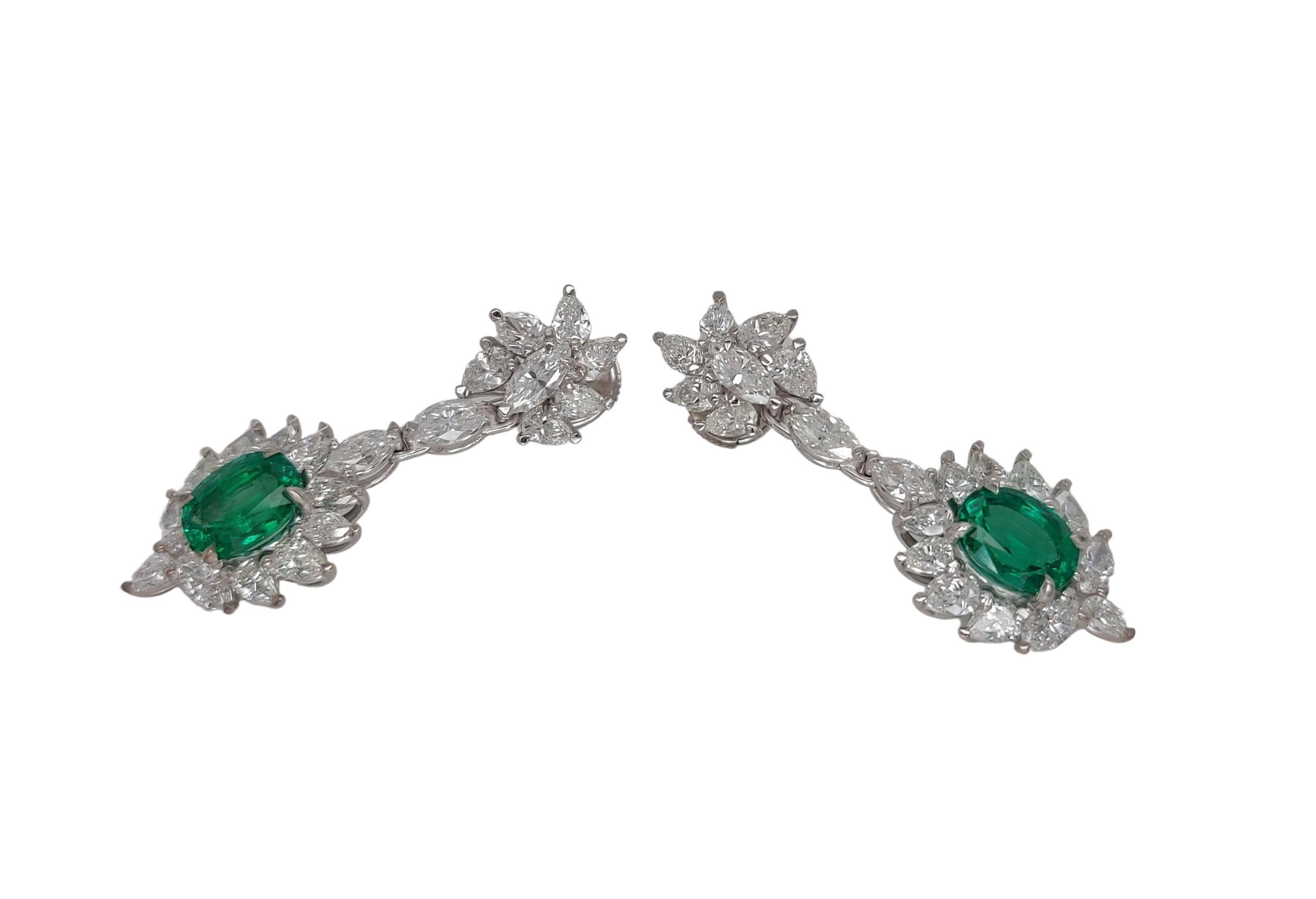 18kt White Gold Earrings with Marquise Diamonds & Minor Colombian Oval Emeralds  For Sale 2