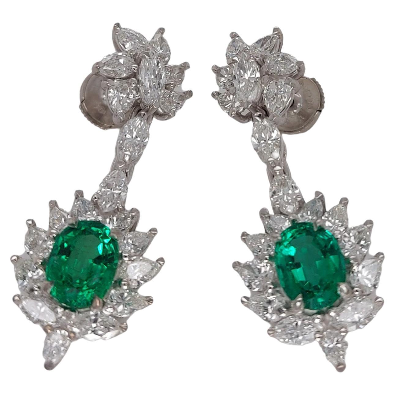 Emerald Cut 18kt White Gold Earrings with Marquise Diamonds & Minor Colombian Oval Emeralds  For Sale